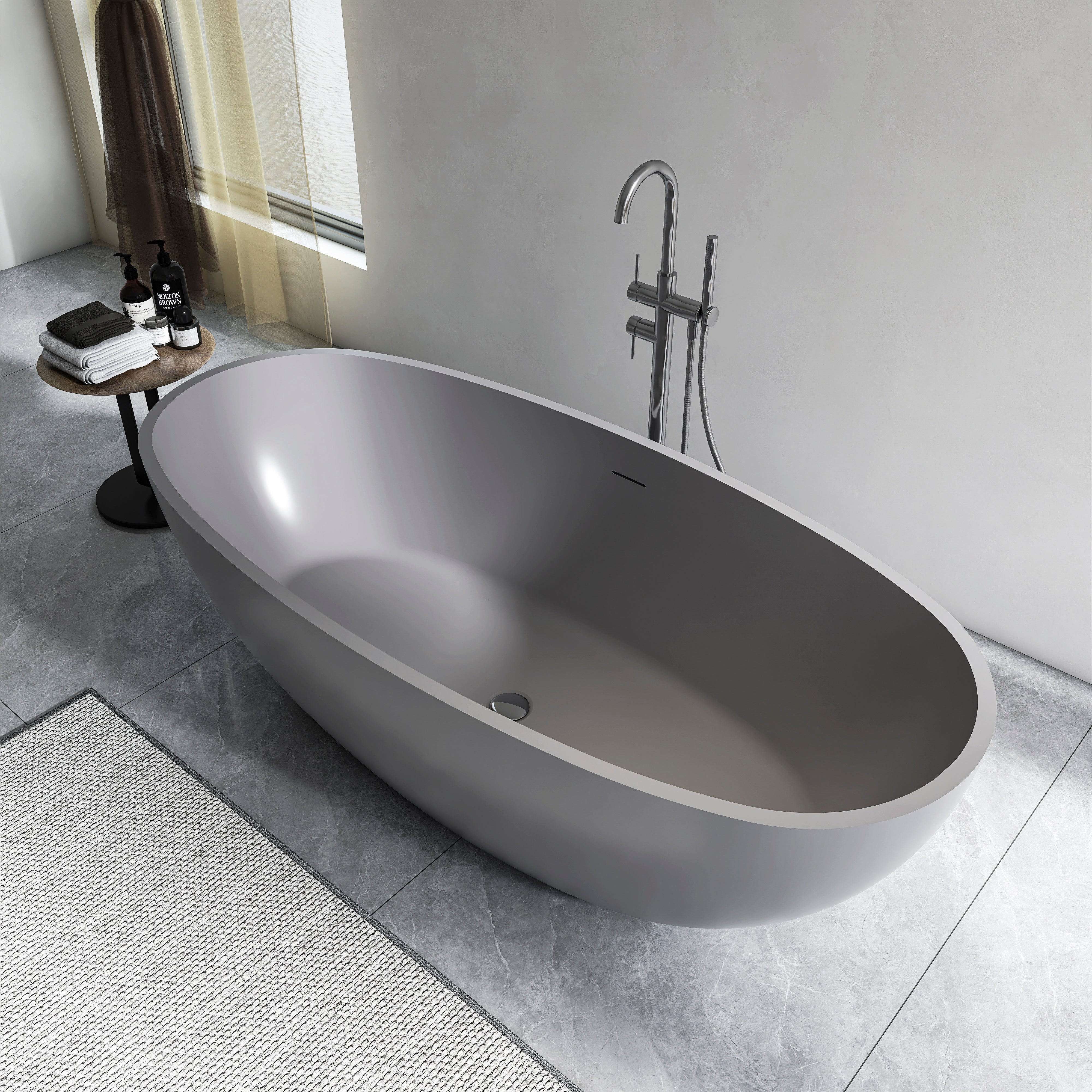 Freestanding solid surface soaking bathtub 65.2 inch white angled view