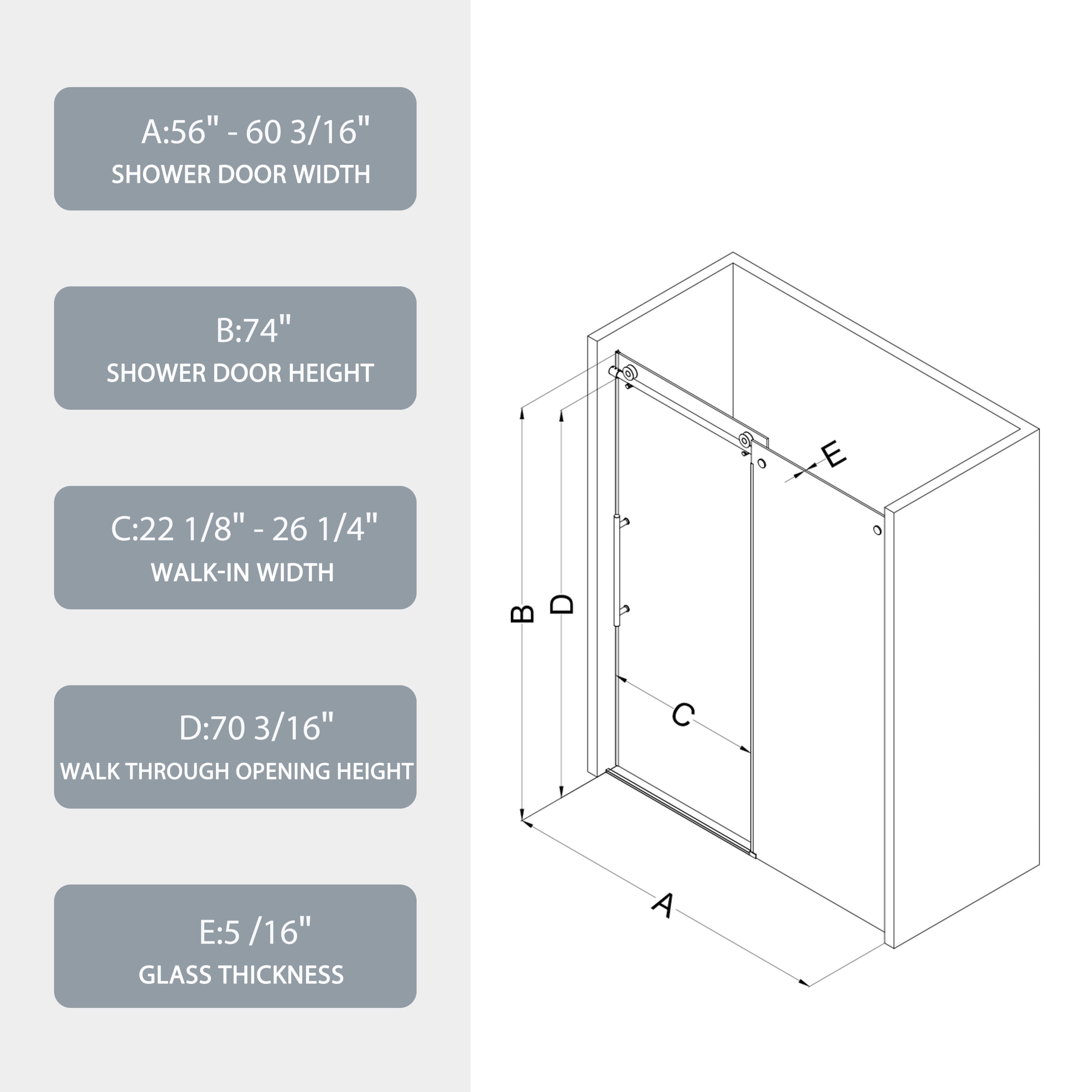 60"W x 74"H Glass shower door, sliding door, soft close system, with 5/16" tempered glass  6074