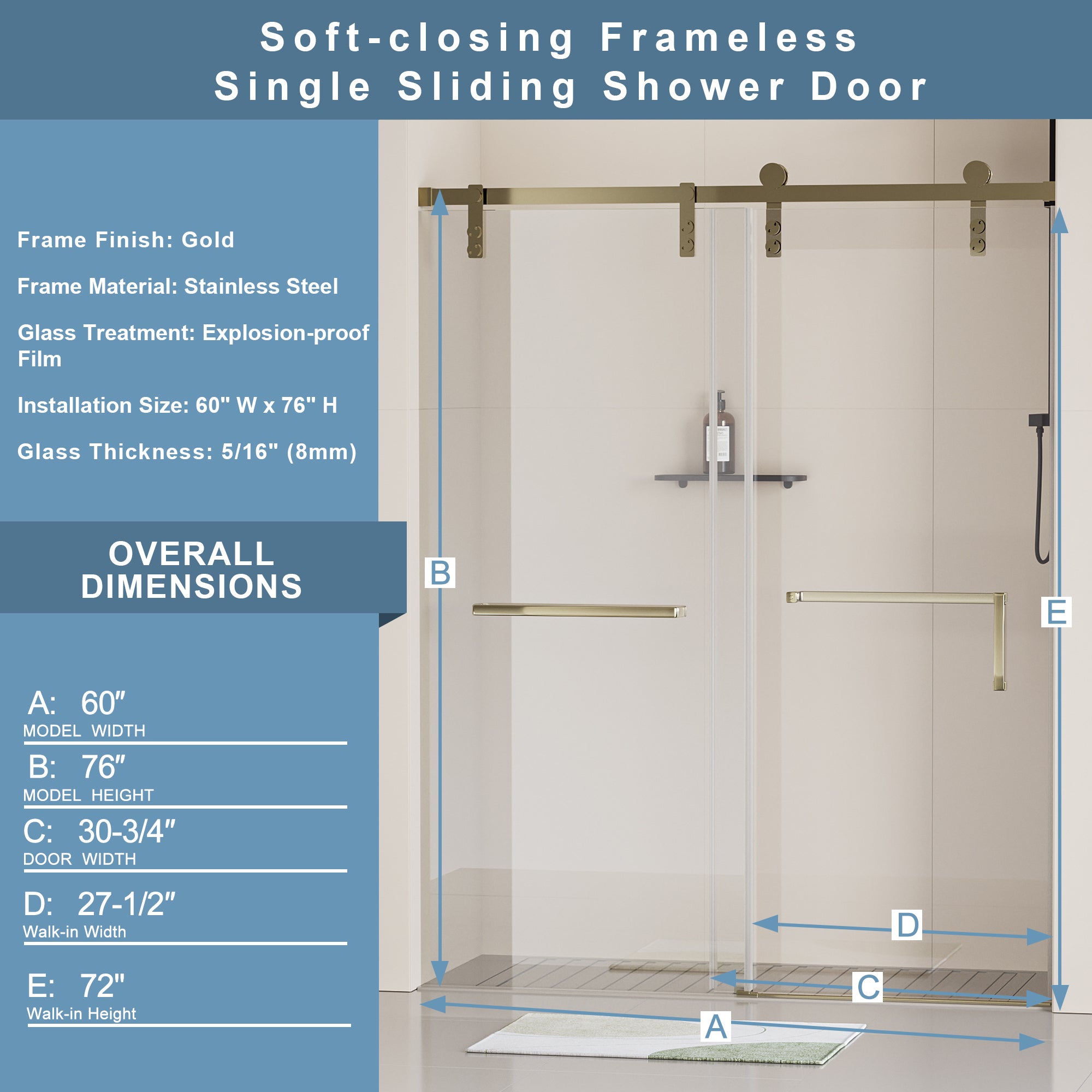 60" W x 76" H Frameless Soft-closing Shower Door, Single Sliding 5/16" (8mm) Clear Tempered Glass Shower Door with Explosion-Proof Film, Stainless Steel Hardware, Gold 24D211-60G-COMBO