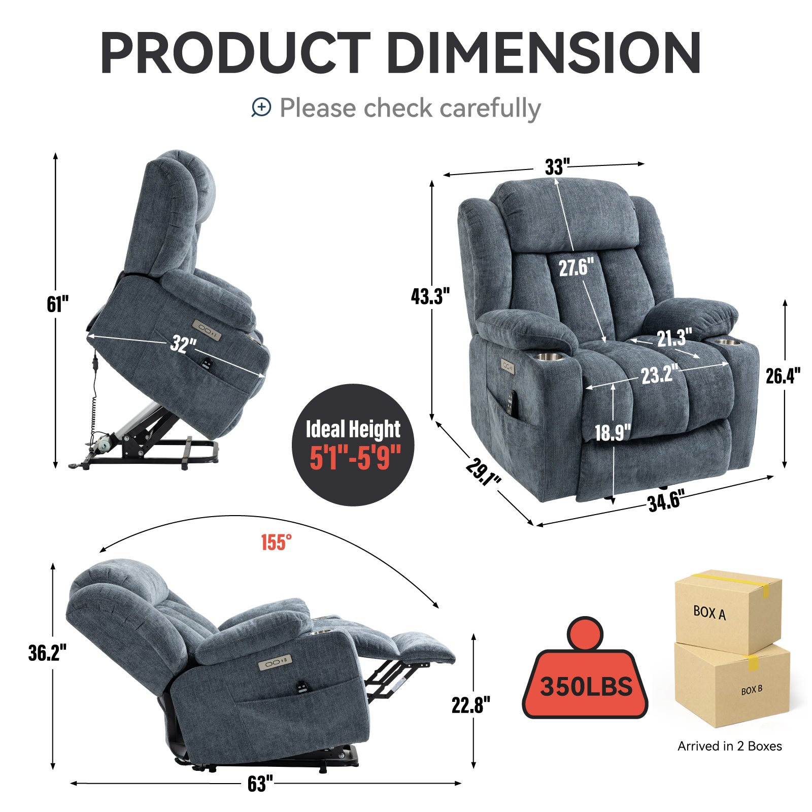 Up to 350 LBS Chenille Power Lift Recliner Chair, Heavy Duty Motion Mechanism with 8-Point Vibration Massage and Lumbar Heating, USB and Type-C Ports, Stainless Steel Cup Holders, Blue