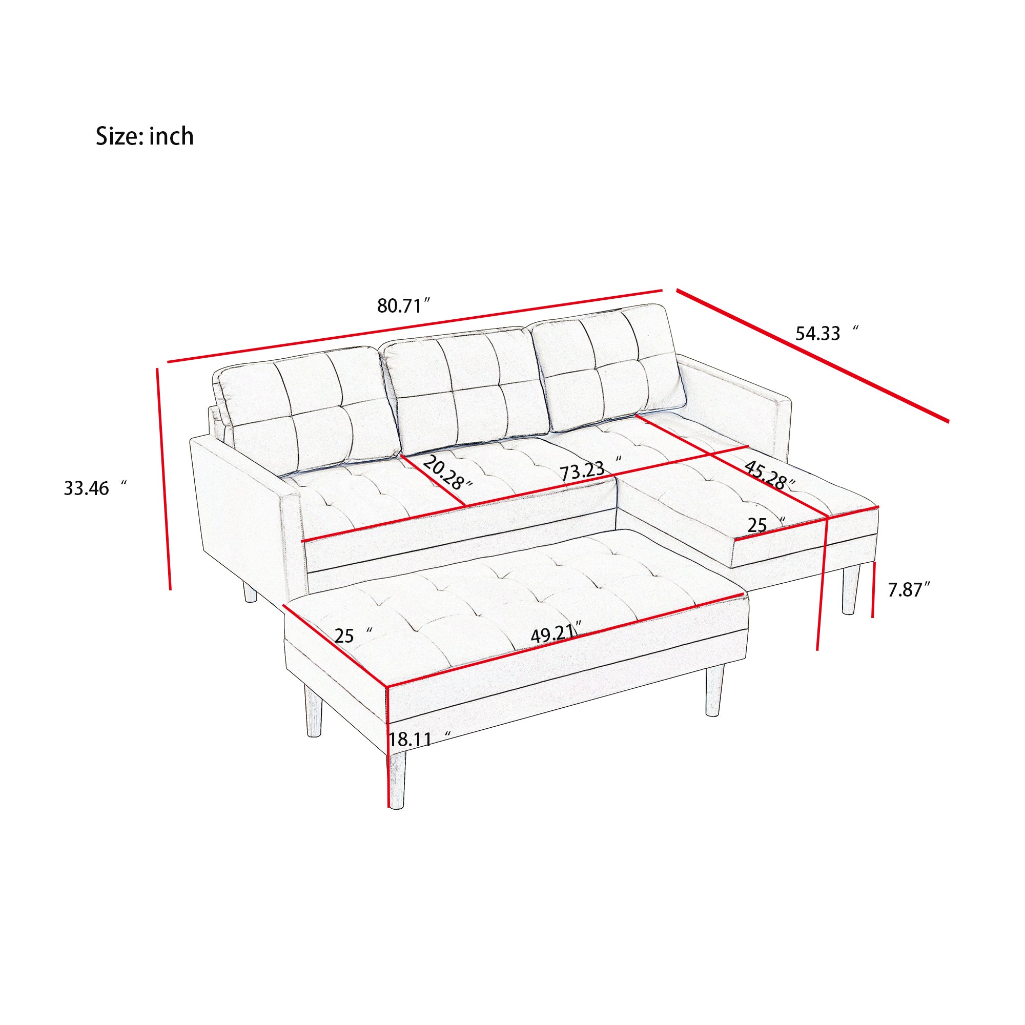 GREY Fabric Right Facing Sectional Sofa Bed , L-shape Sofa Chaise Lounge with Ottoman Bench