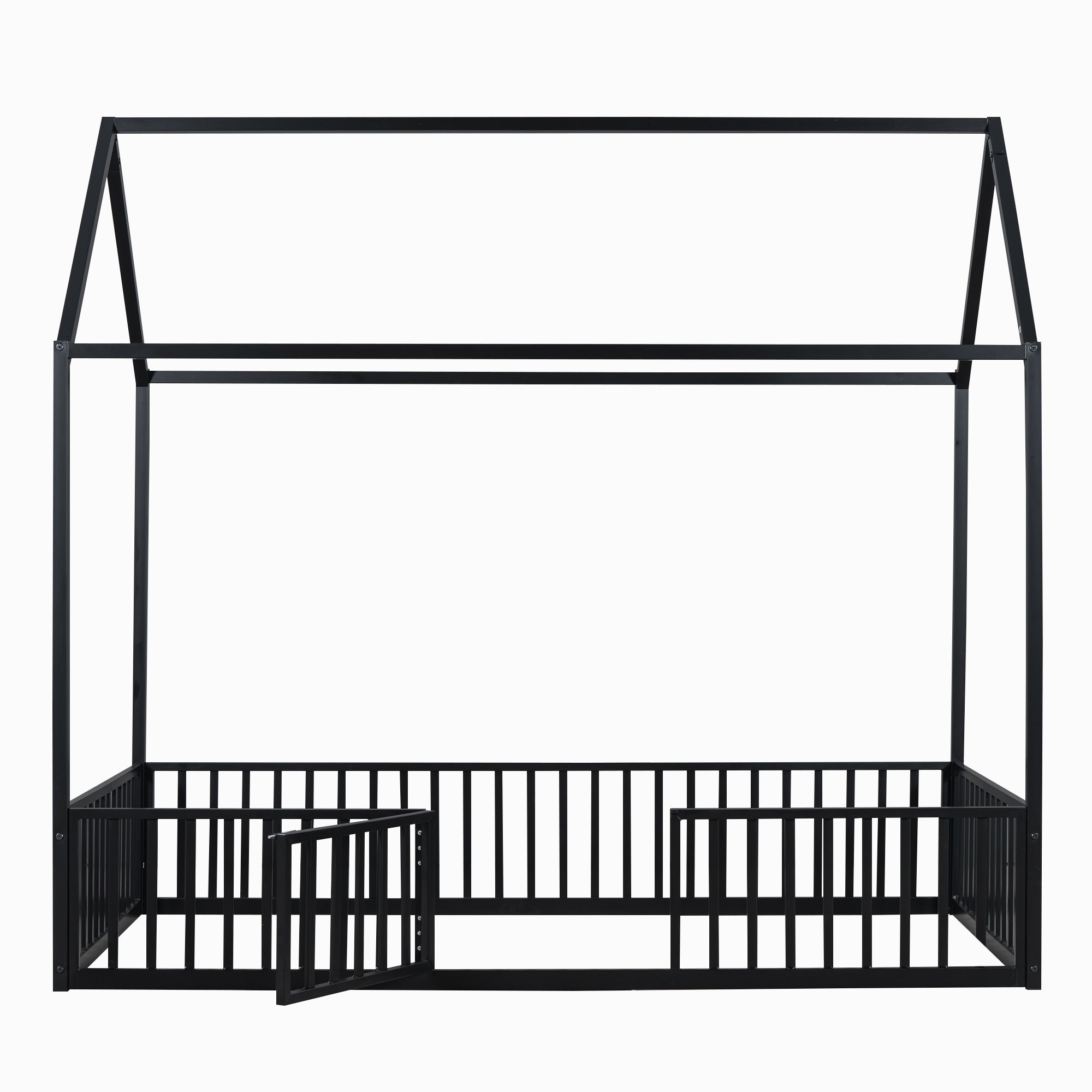 Twin Size Metal House Bed with Fence and Door, Black