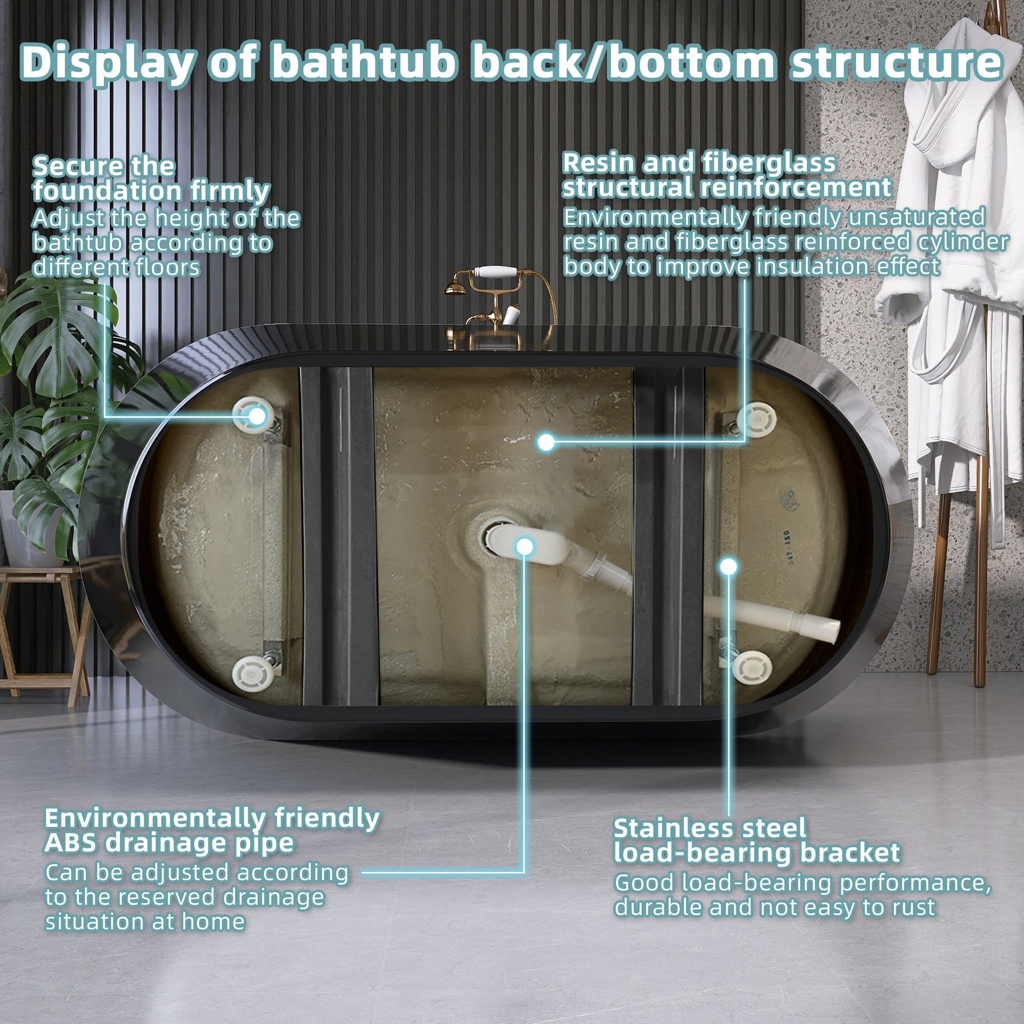 55" Acrylic Freestanding Bathtub Contemporary Soaking White Tub with Overflow and Pop-up Drain Gloss Black