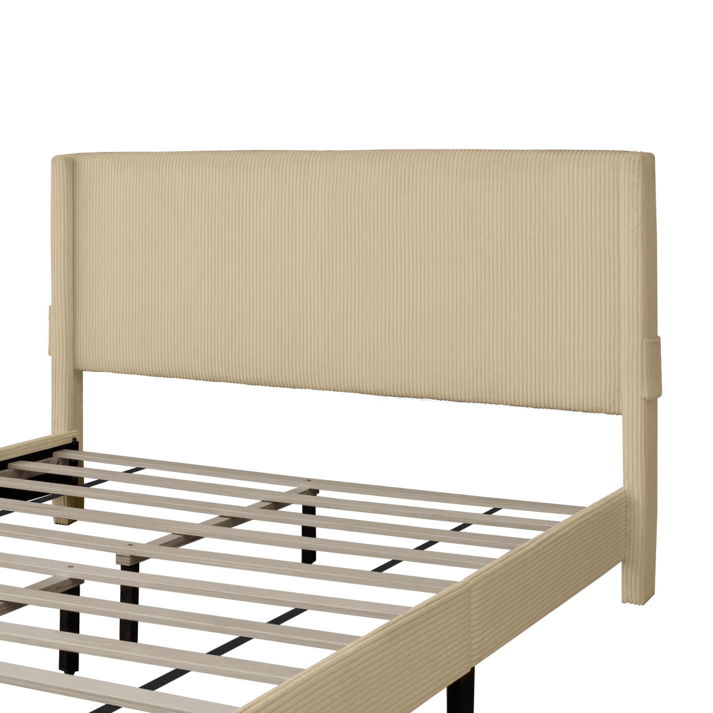 BEIGE QUEEN SIZE BED IN CORDUROY WITH WING DESIGN, PERFECT FOR ANY DECOR. TWO DRAWERS PROVIDE AMPLE STORAGE; IDEAL FOR BEDROOM COMFORT! NO BOX SPRING NEEDED; MATTRESS NOT INCLUDED.