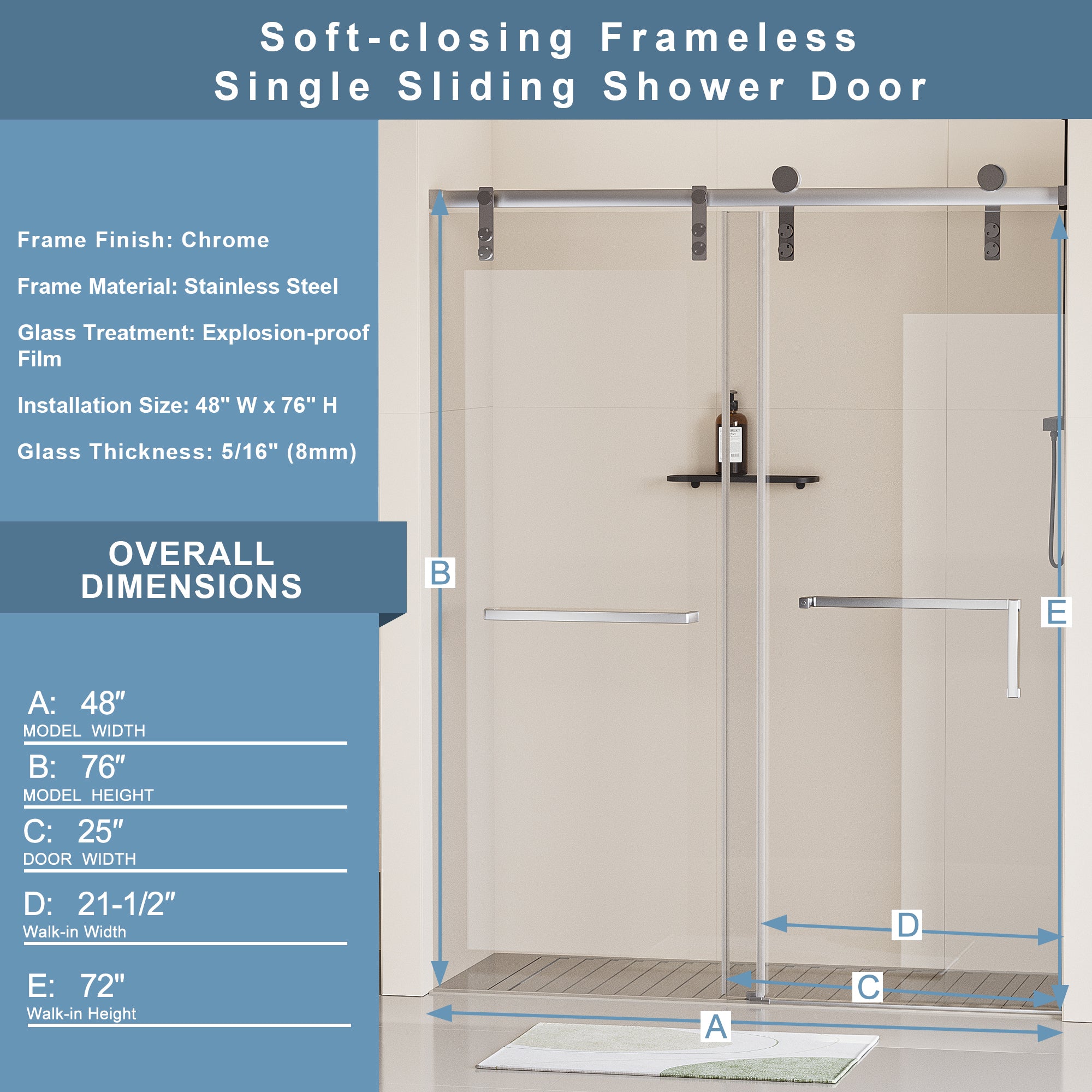 48"W x 76"H Frameless Soft-closing Shower Door, Single Sliding Shower Door with  5/16" (8mm) Clear Tempered Glass Shower Door with Explosion-Proof Film, Stainless Steel Hardware, Chrome 24D211-48C