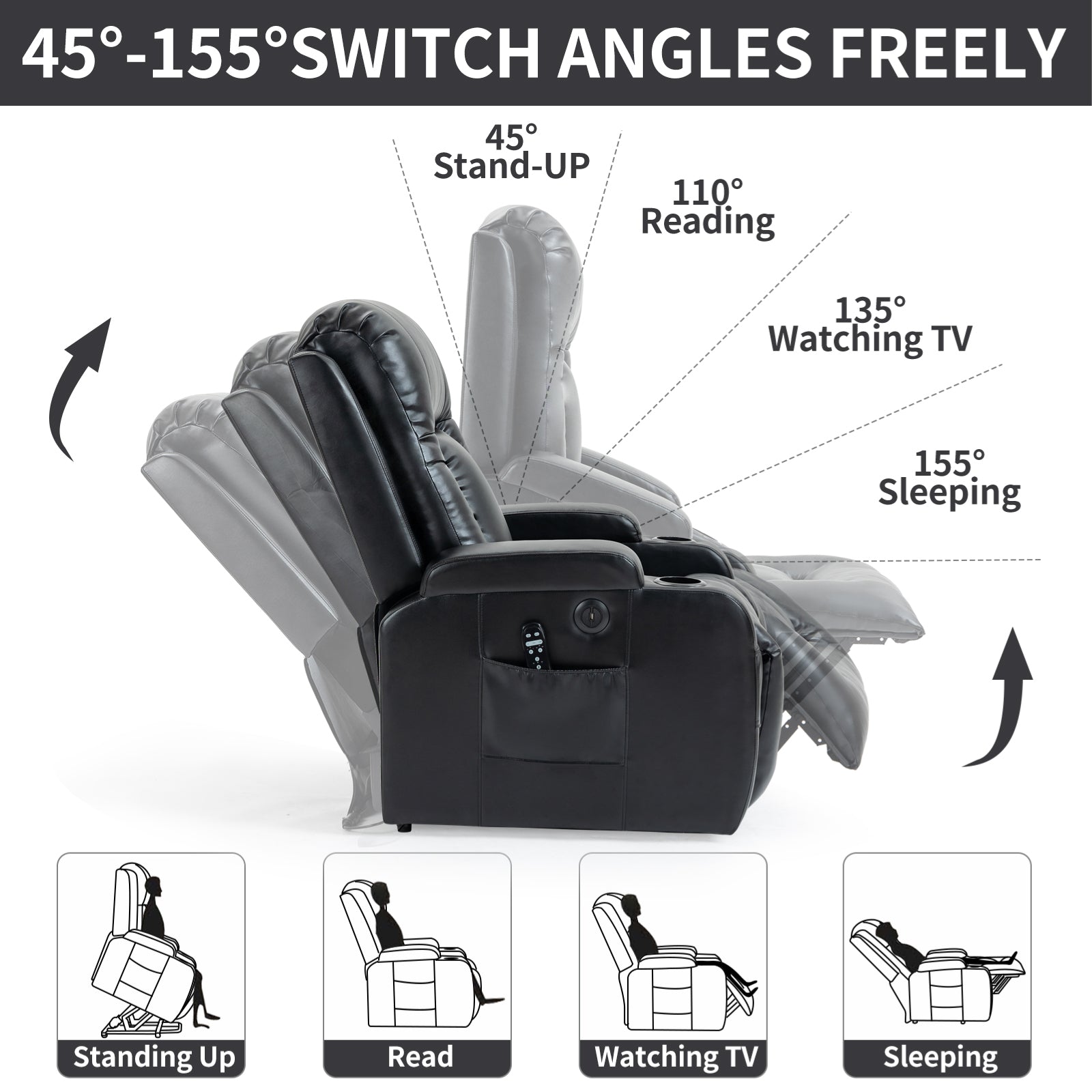 Infinite Position Up to 350 LBS Power Lift Recliner Chair for Elderly, Heavy Duty Motion Mechanism with 8-Point Vibration Massage and Lumbar Heating, USB Charging Port, Cup Holders, Black