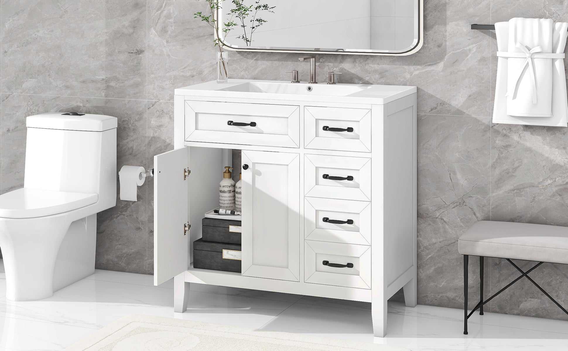 36" Bathroom Vanity with Sink Combo, White Bathroom Cabinet with Drawers, Solid Frame and MDF Board (Old Sku:JL000007AAK)