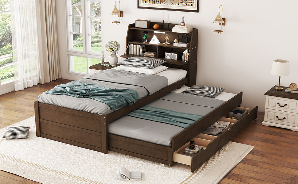 Twin Size Wooden LED Platform Bed with Trundle, with Storage Headboard, with Drawers, Brown