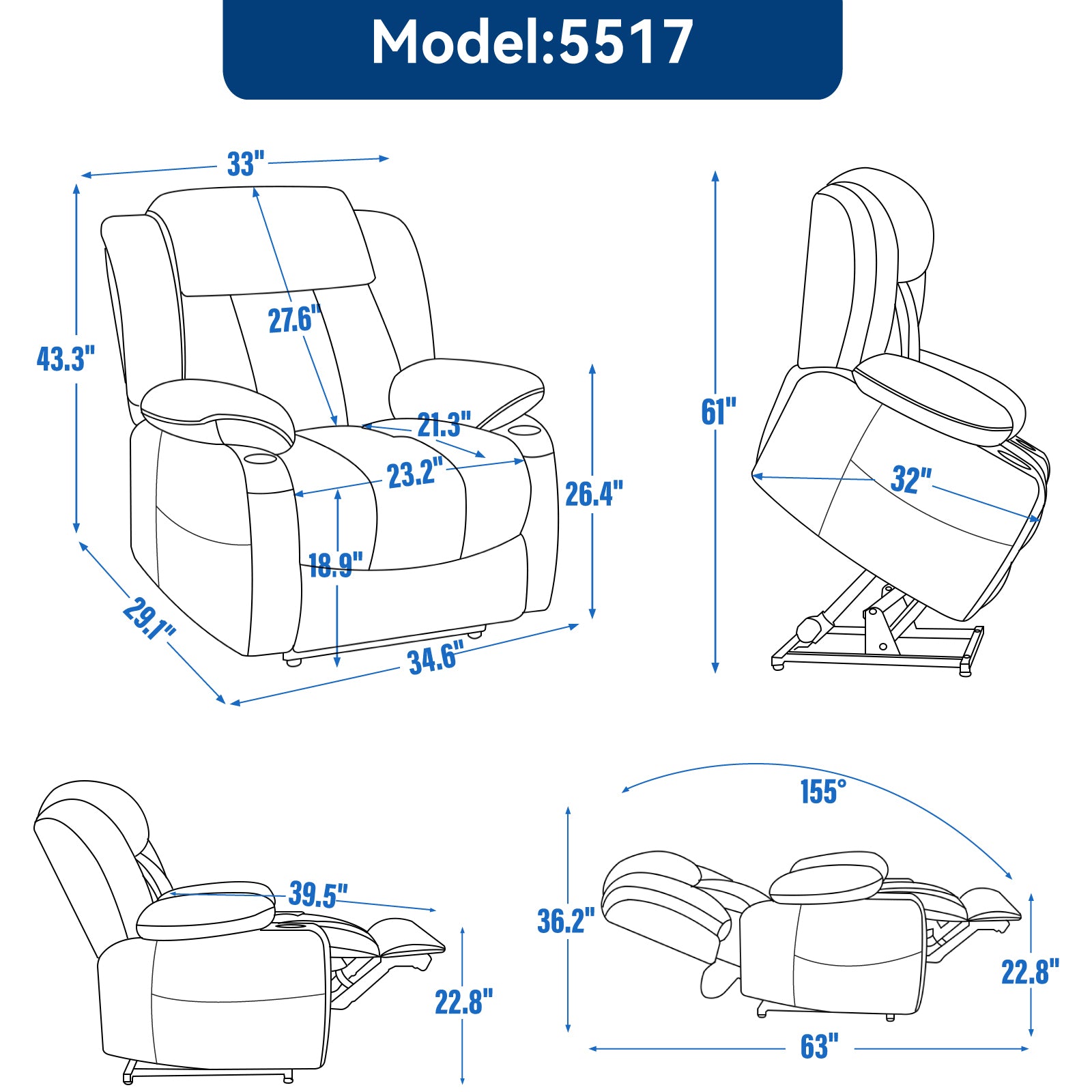 Up to 350 LBS Chenille Power Lift Recliner Chair, Heavy Duty Motion Mechanism with 8-Point Vibration Massage and Lumbar Heating, USB and Type-C Ports, Stainless Steel Cup Holders, Blue