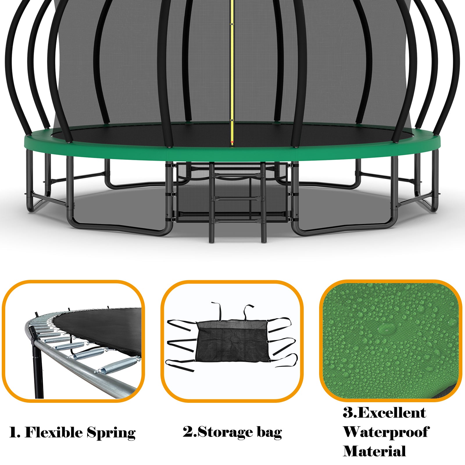 16FT Outdoor Trampoline for Kids and Adults, Pumpkin Trampolines with Curved Poles,Heavy Duty Trampoline Anti-Rust Coating ASTM Approval