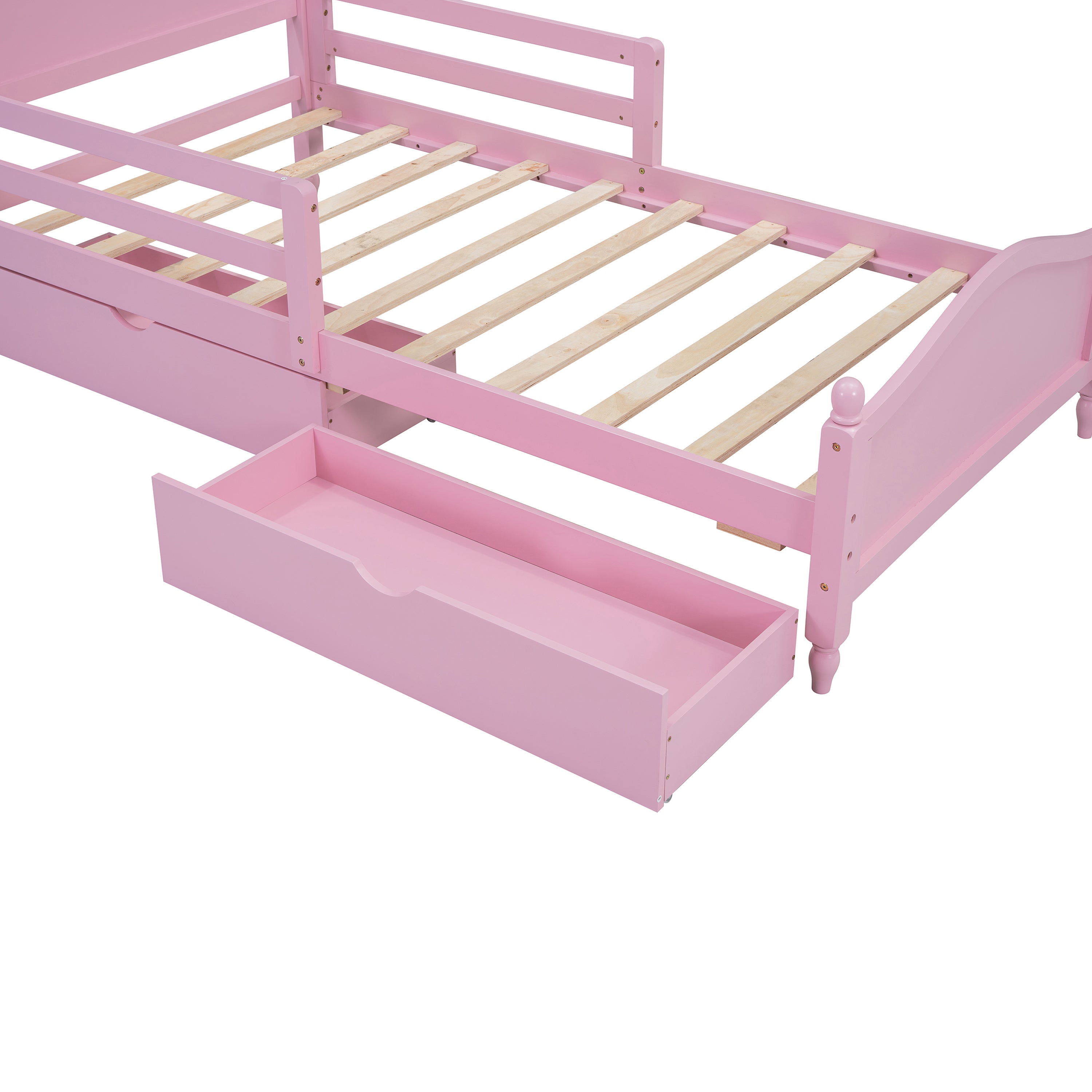 Twin Size Wood Platform Bed with Guardrails on Both Sides and Two Storage Drawers ,Pink