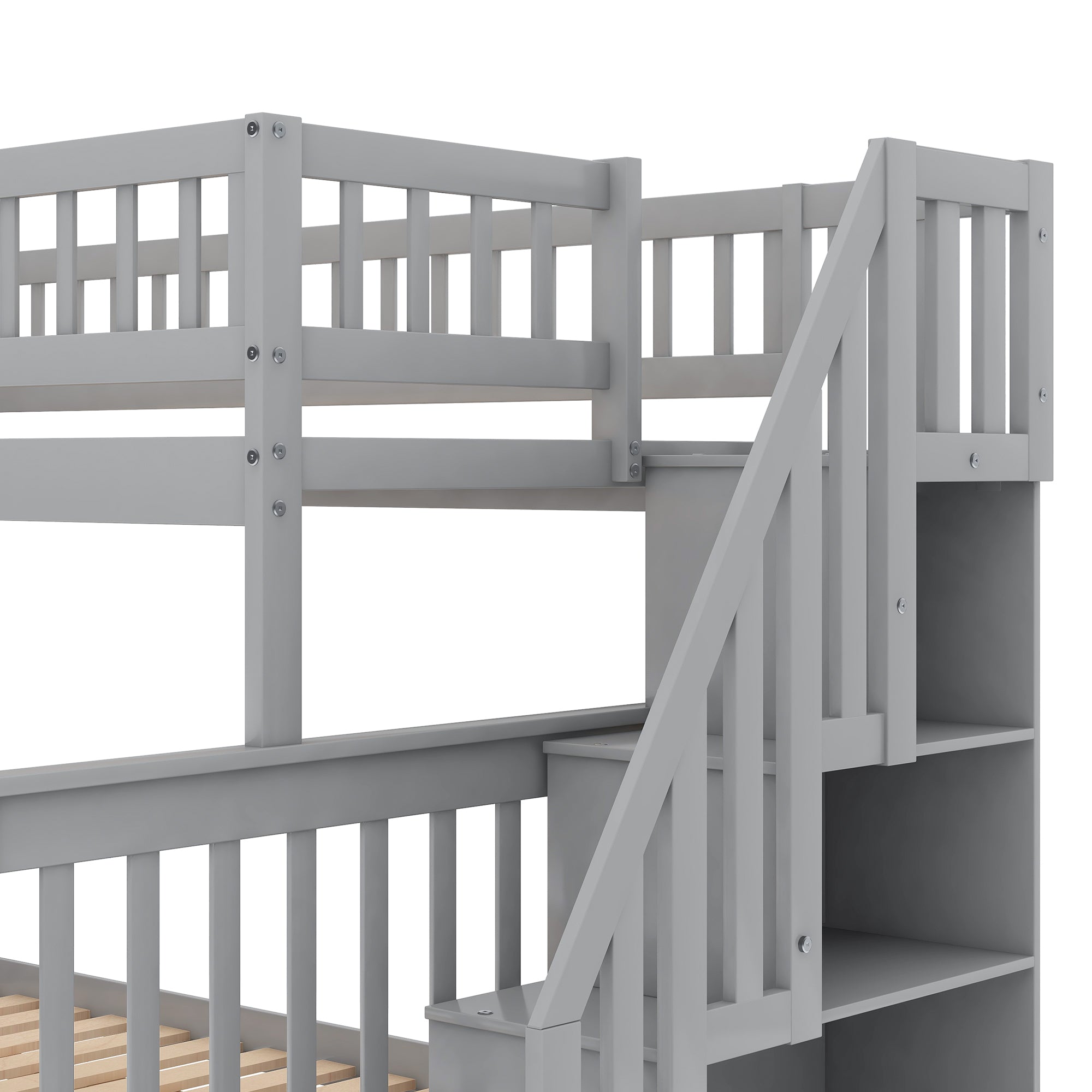 Twin over Full Stairway Bunk Bed with Storage, Gray