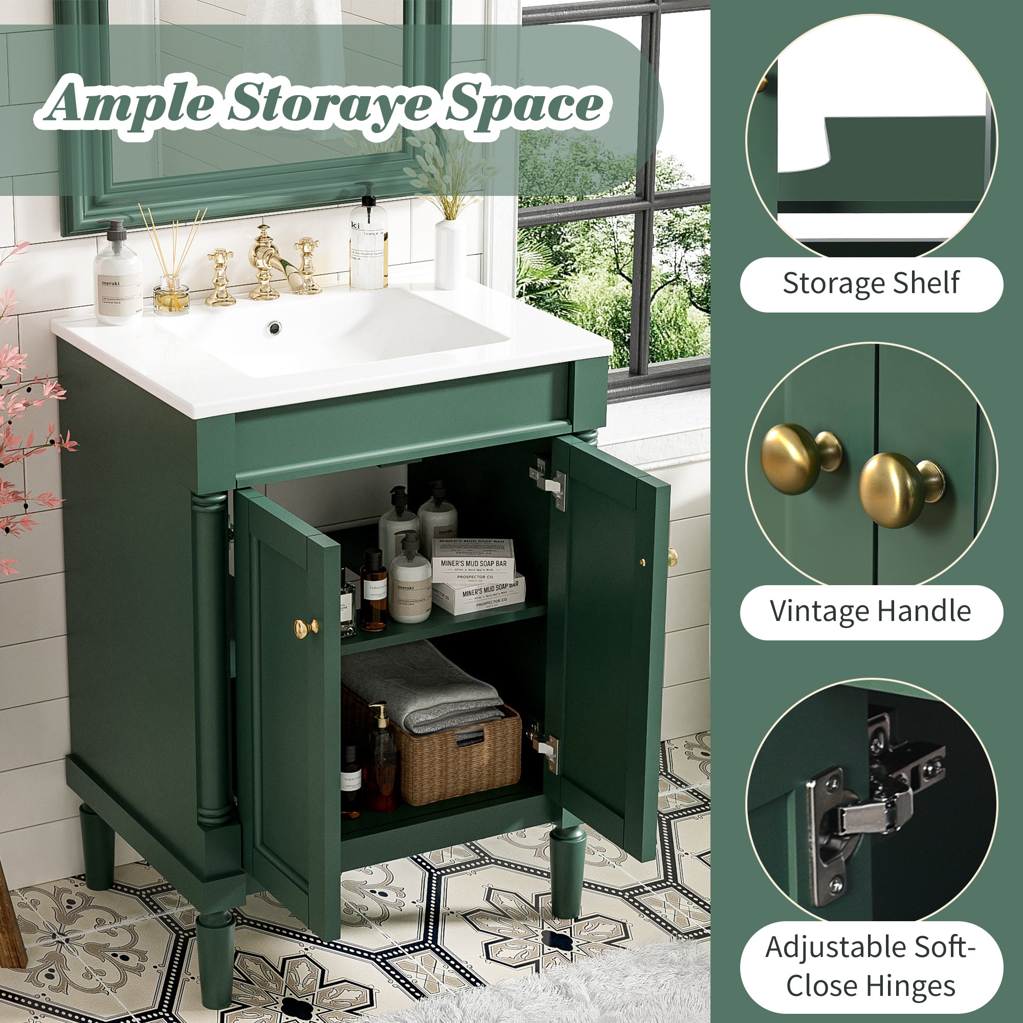 24 in. modern bathroom storage cabinet vanity, side view