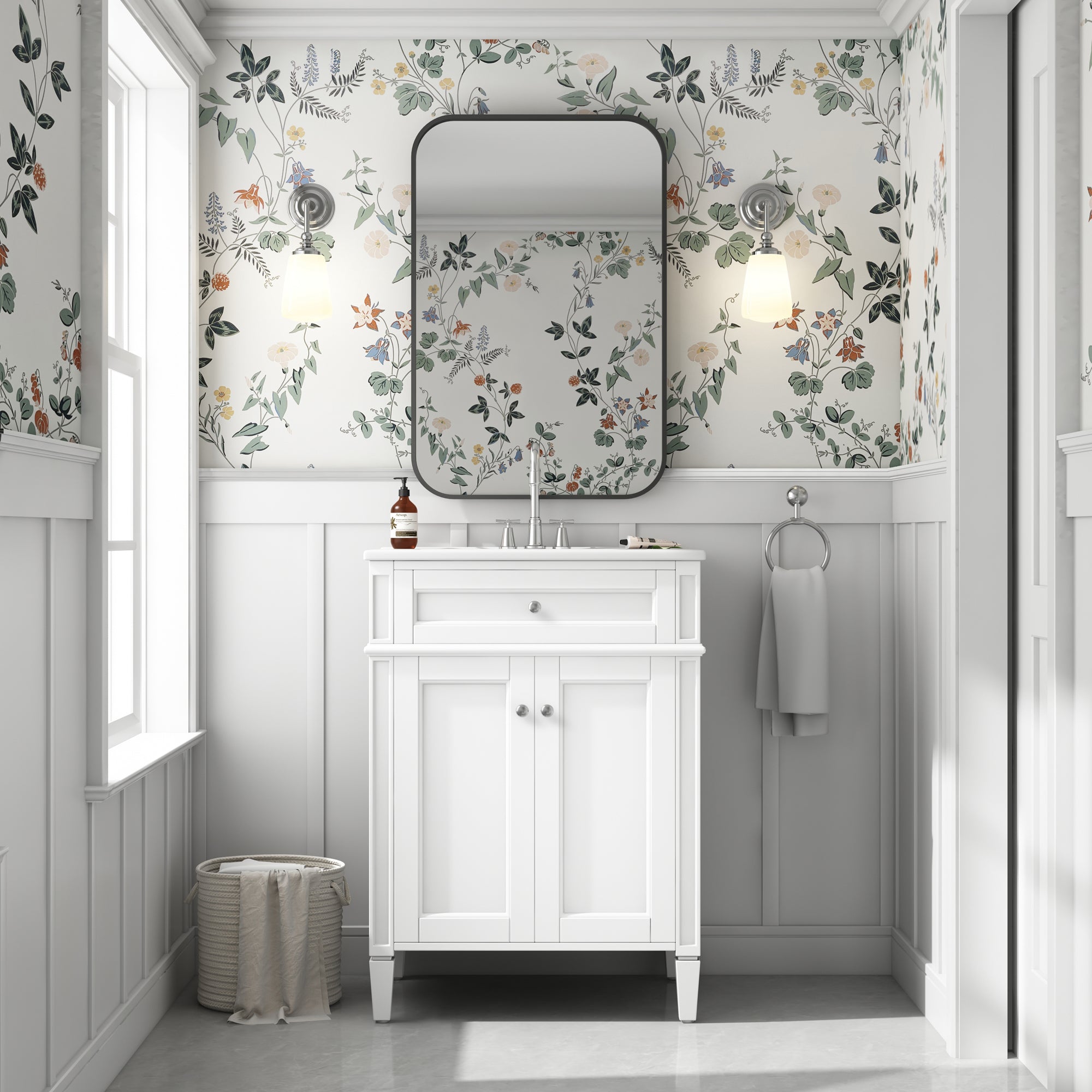 24-inch bathroom vanity cabinet with open doors showing storage and organizers