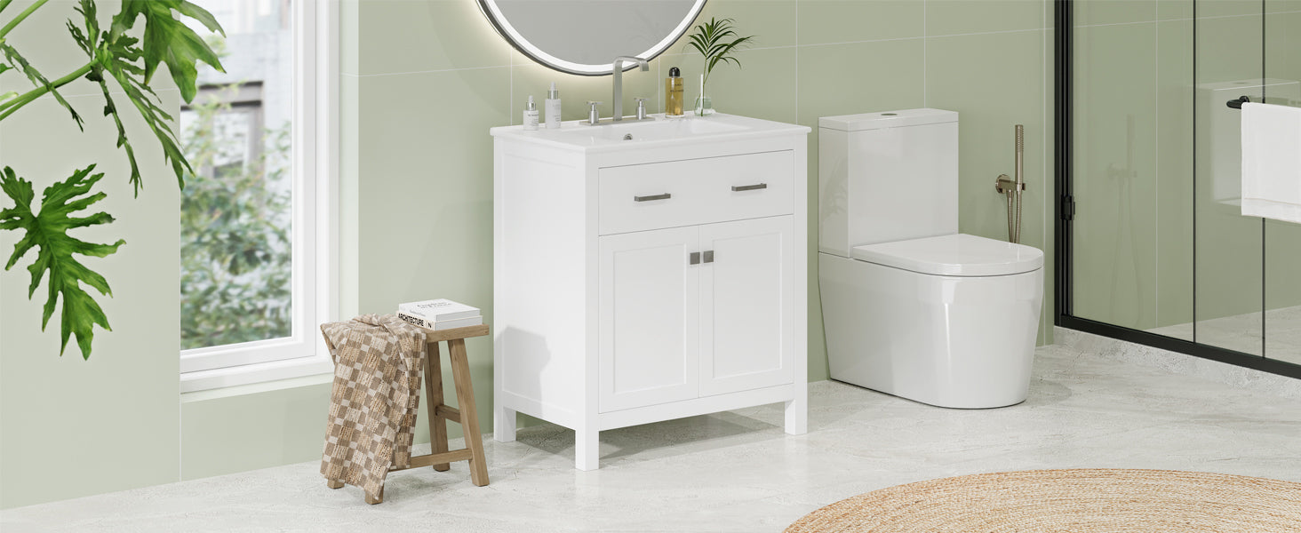 30-inch Bathroom Vanity with Ceramic Sink, Modern White Single Bathroom Cabinet with 2 Doors and a Shelf, Soft Close Doors