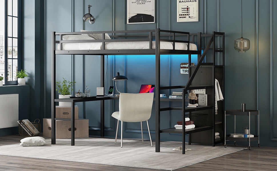 Full Size Loft Bed with L-shaped Desk and USB, Metal Loft Bed with Wardrobe and Adjustable Shelf, High Loft Bed with LED for Kids Teens Adults, Black