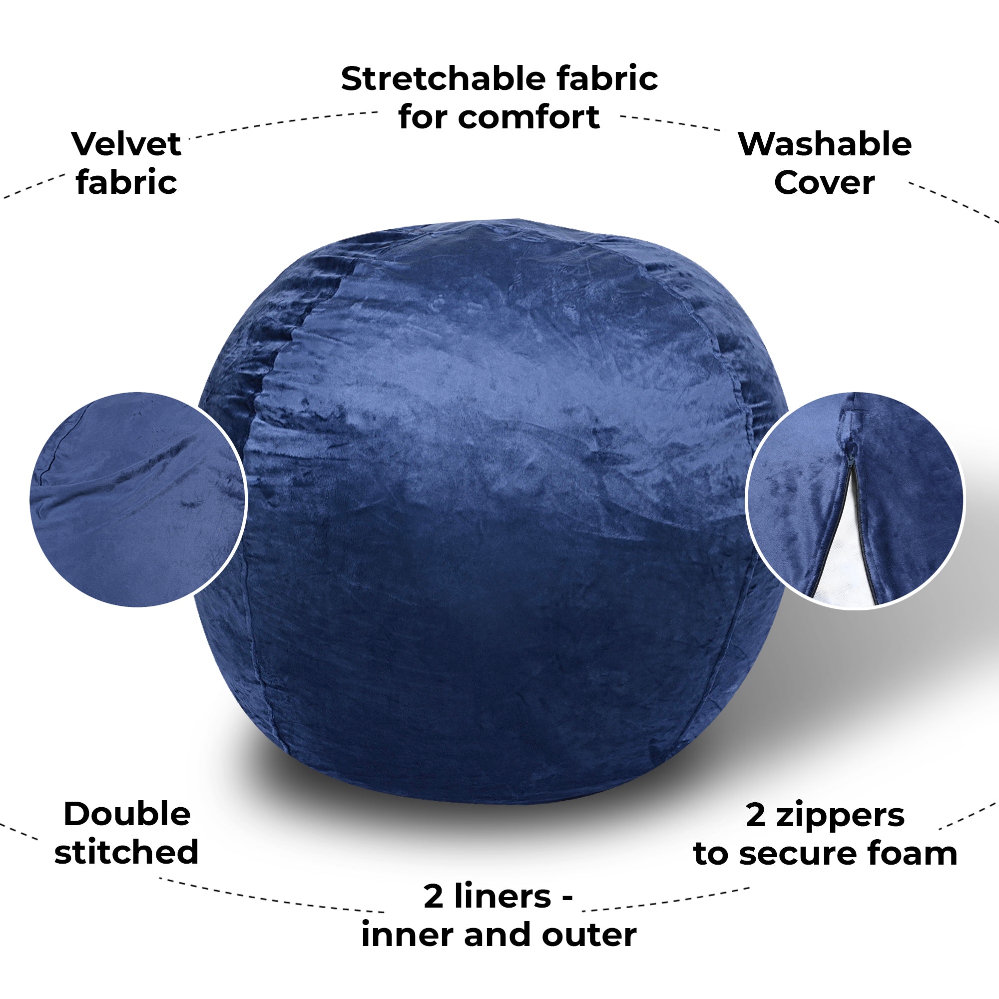 Minky Velvet Bean Bag Chair, Navy-4ft Plush Floor Chair for Kids and Adults w/ Washable Cover, Lounge Chair with Stretchable Fabric, Comfy Bedroom Chair, Filled with Shredded and Memory Foam.