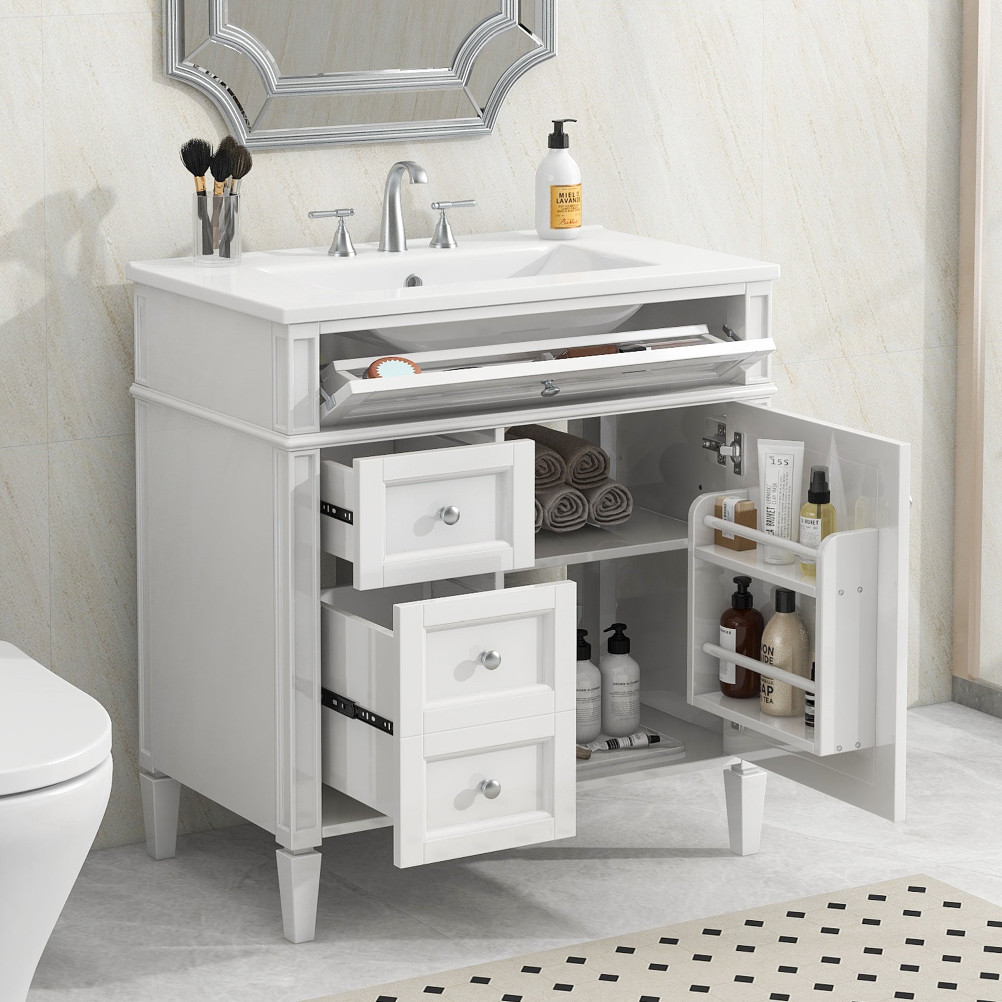 Modern single sink bathroom vanity, sink and countertop detail