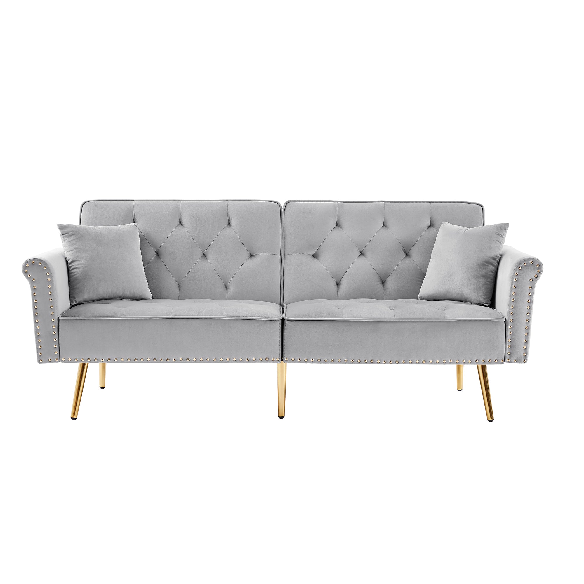 GREY Velvet Tufted Sofa Couch with 2 Pillows and Nailhead Trim