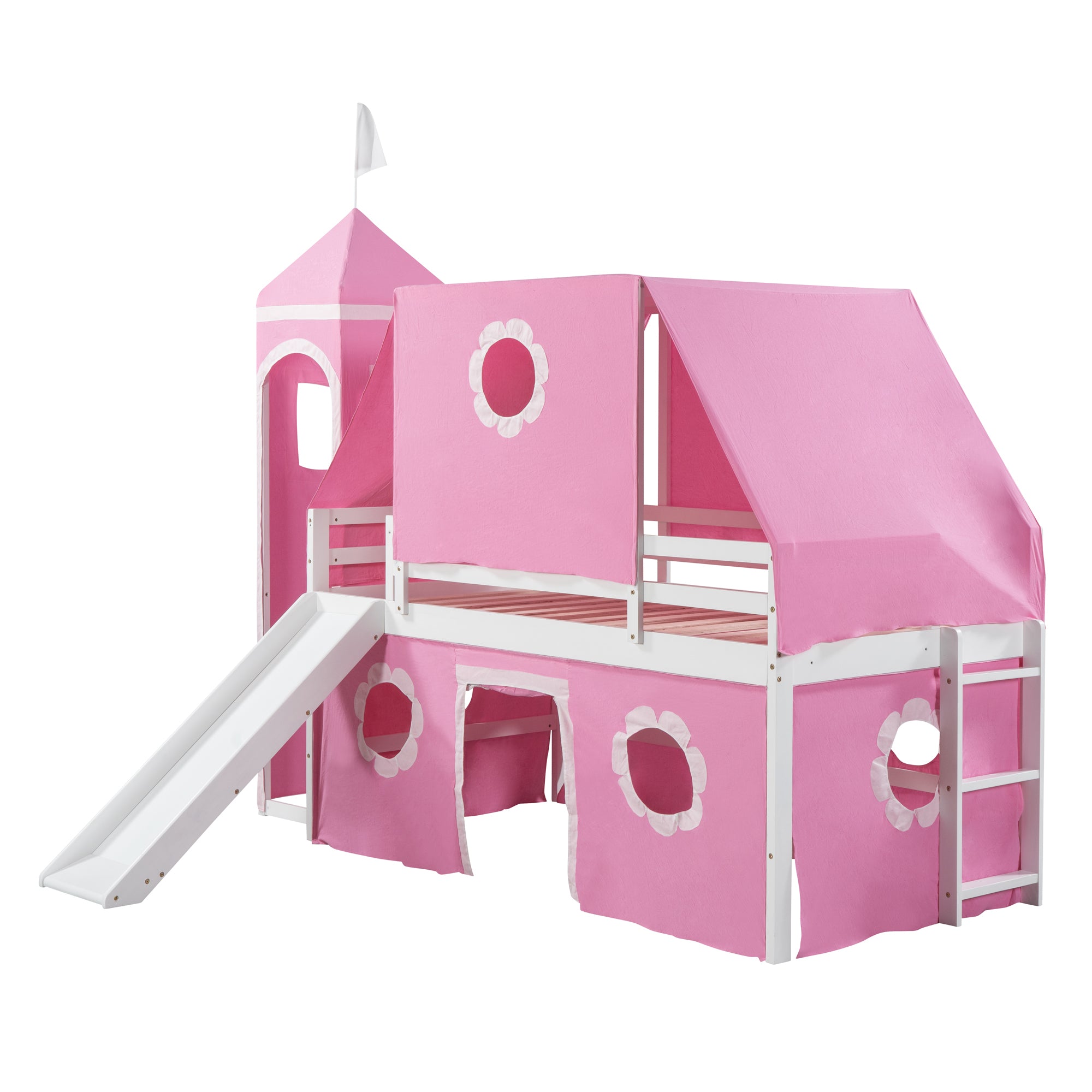 Twin Size Loft Bed with Slide Pink Tent and Tower - Pink