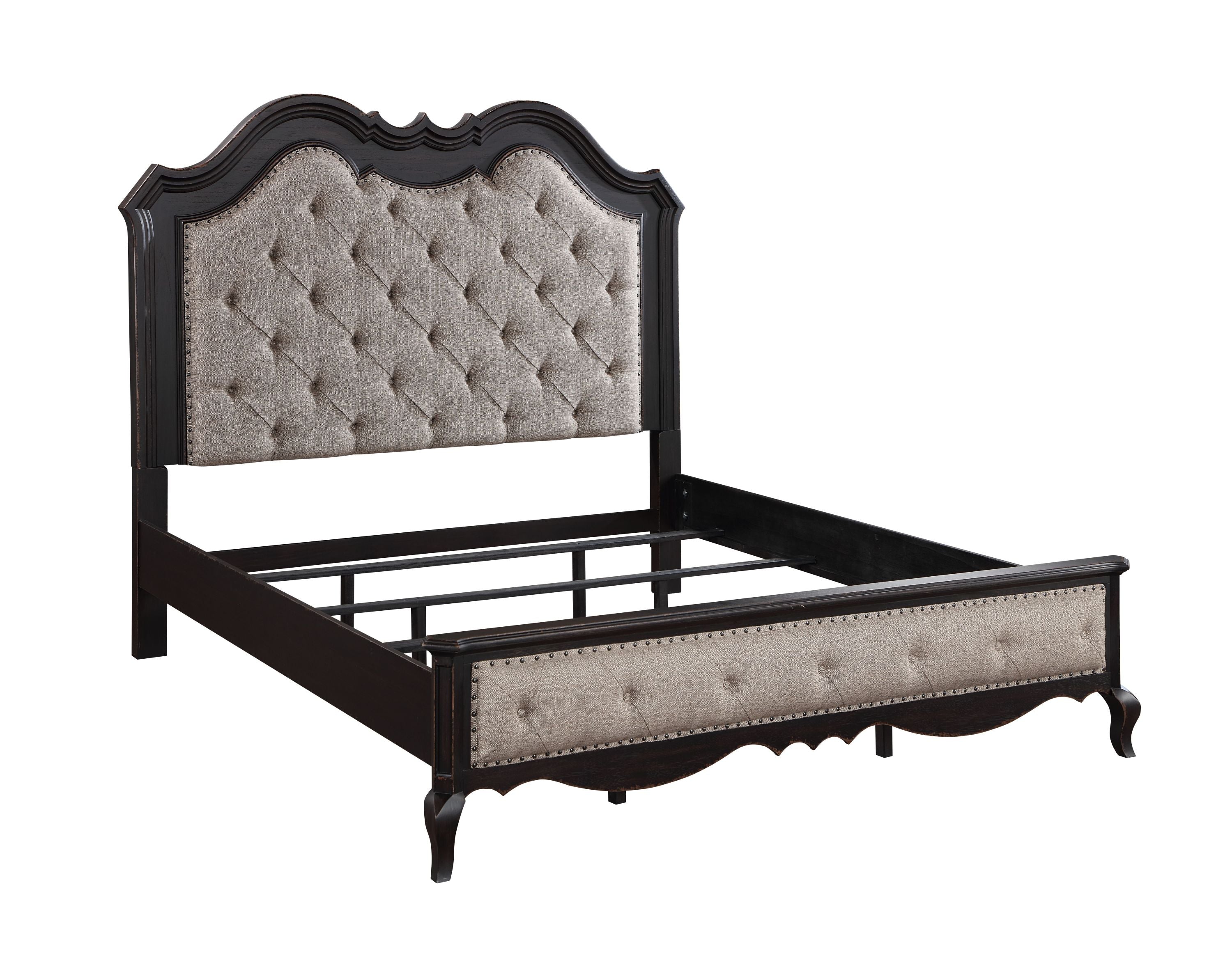 ACME Chelmsford Eastern King Bed, Beige Fabric & Antique Black Finish BD02295EK