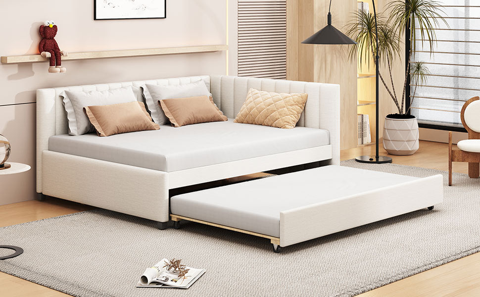 Full Size Upholstered Daybed with Trundle Sofa Bed Frame No Box Spring Needed, Linen Fabric(Beige)