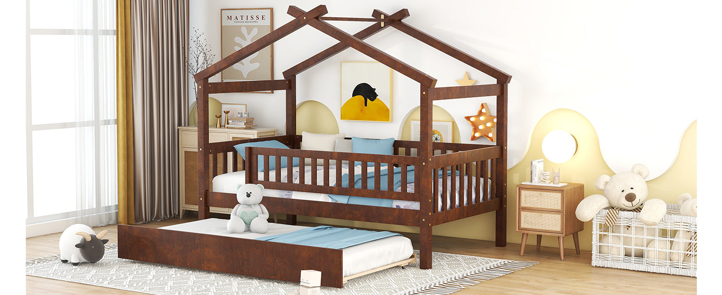 Twin Size Wooden House Bed with Twin Size Trundle, Walnut