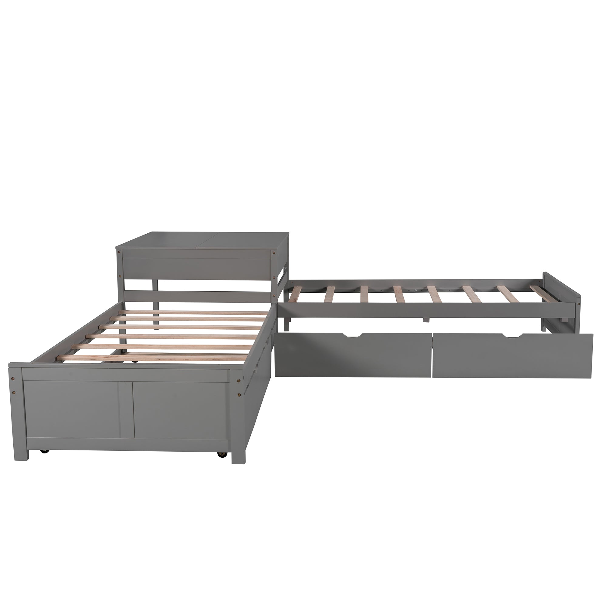 L-shaped Platform Bed with Trundle and Drawers Linked with built-in Desk,Twin,Gray(Old SKU:SM000916AAE-1)