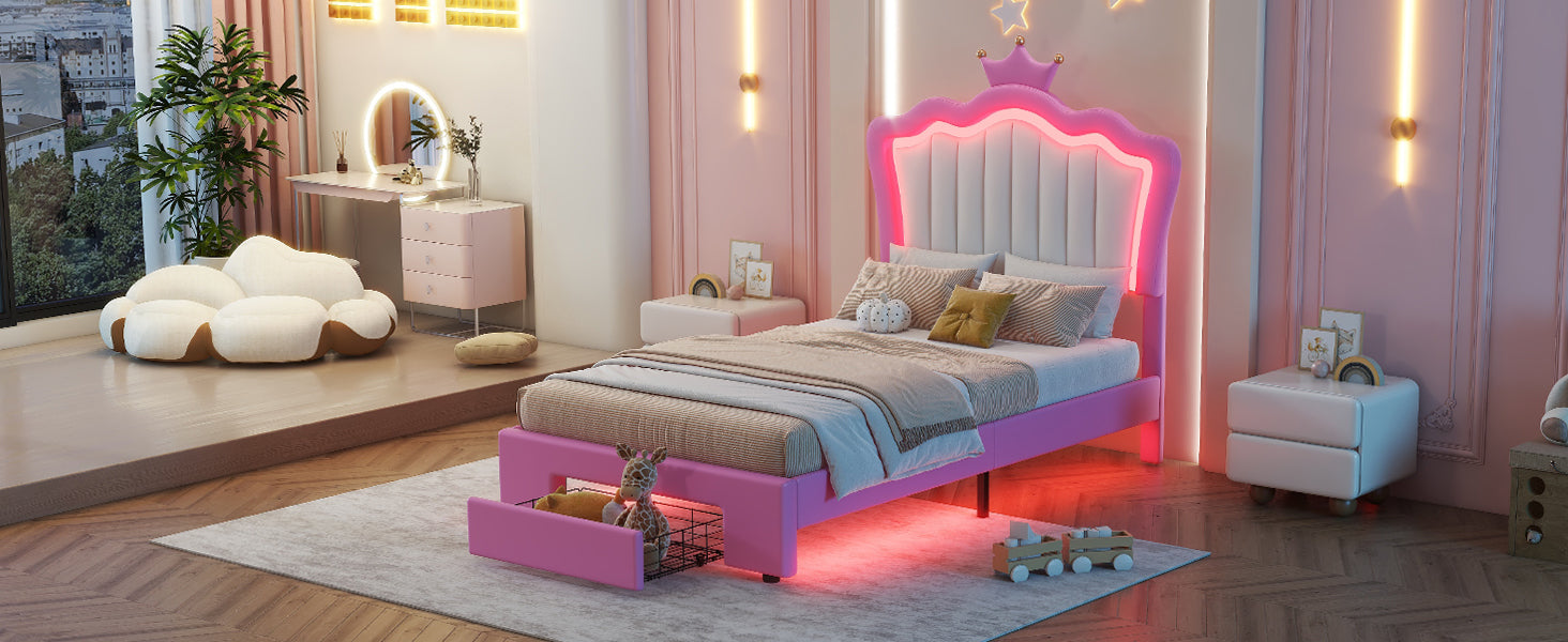 Twin Size Upholstered Bed Frame with LED Lights, Modern Upholstered Princess Bed with Crown Headboard, a Drawer, Pink+White