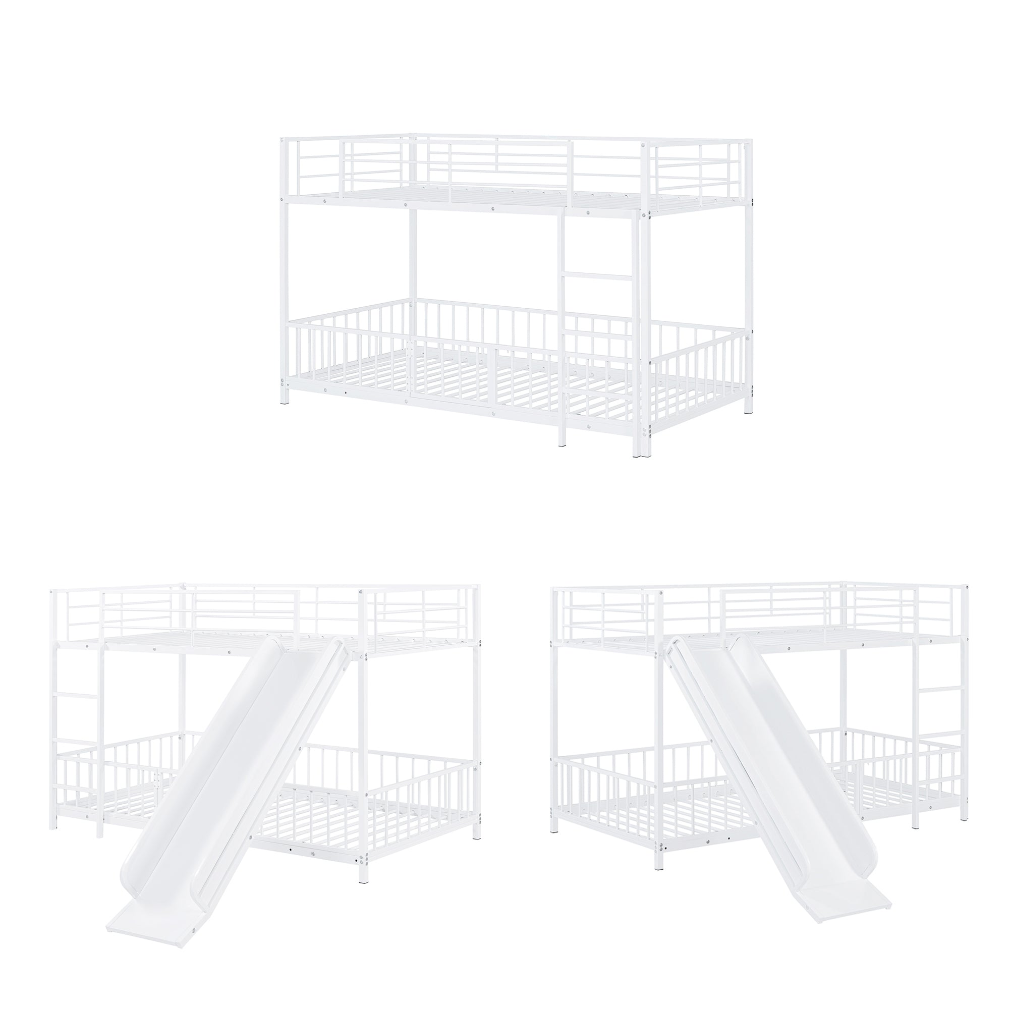 Twin over Twin Size Metal Bunk Bed with Slide and Guardrails, White