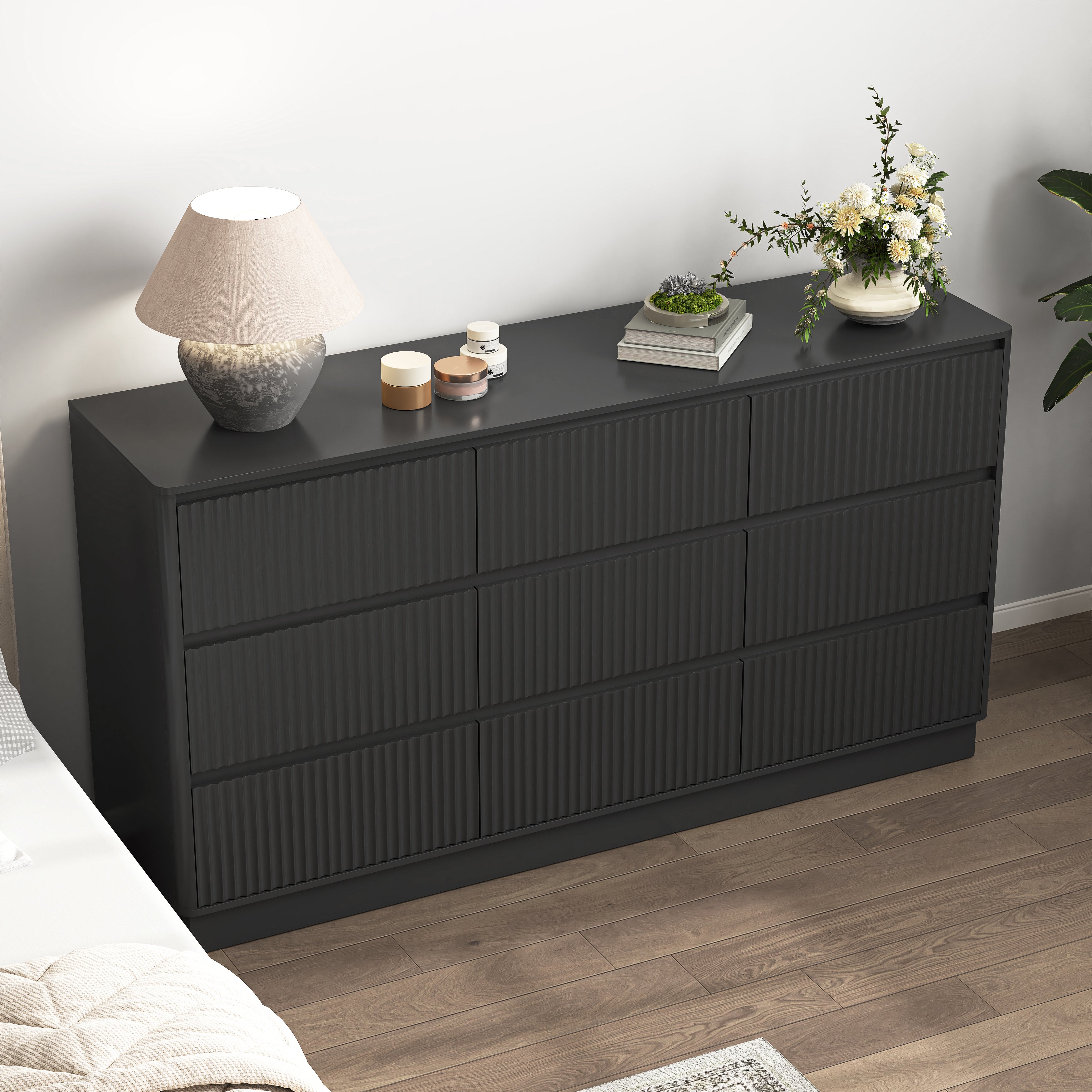 Black 9 drawer storage dresser, drawers open, detail view