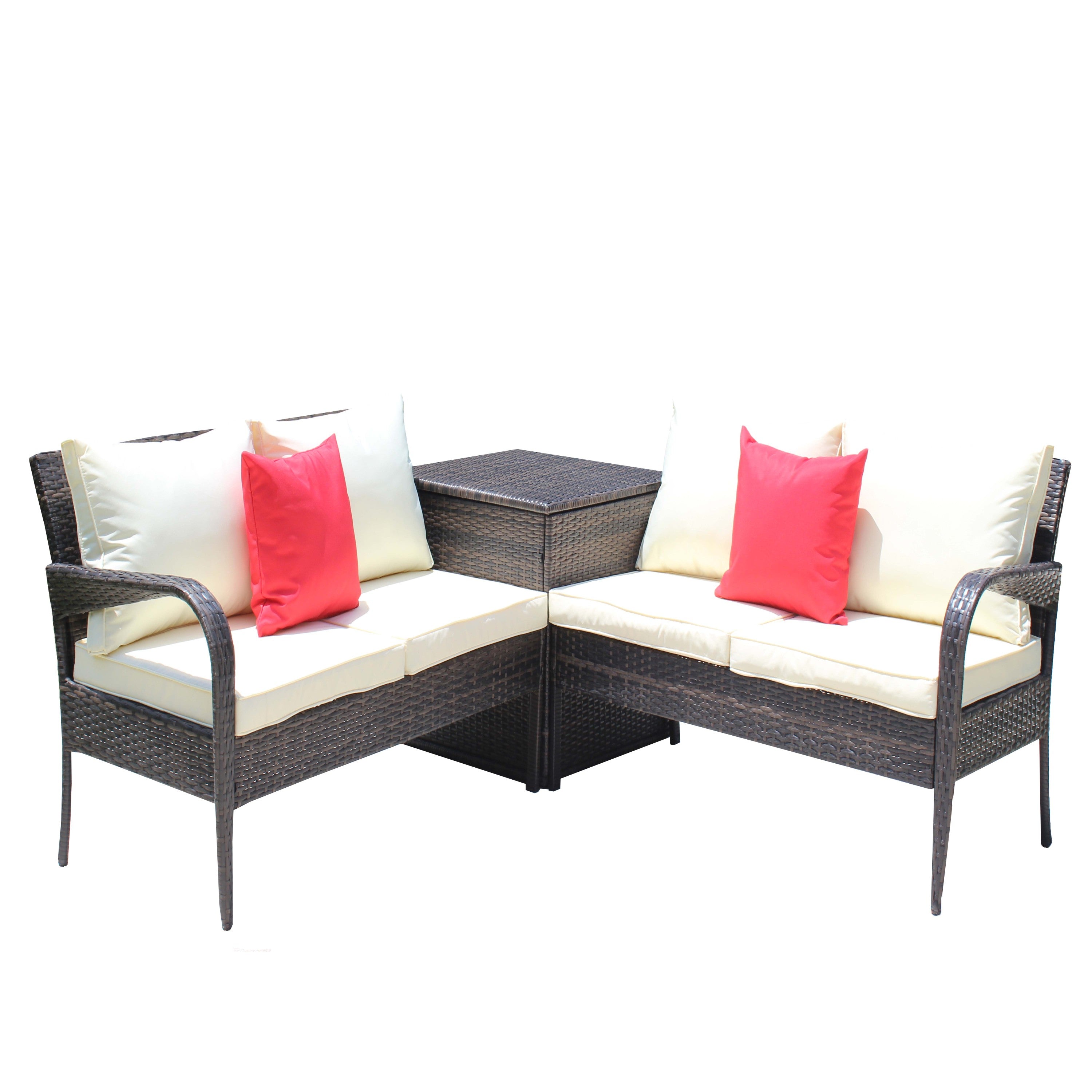 3 Piece Patio Sectional Wicker Rattan Outdoor Furniture Sofa Set with Storage Box Brown