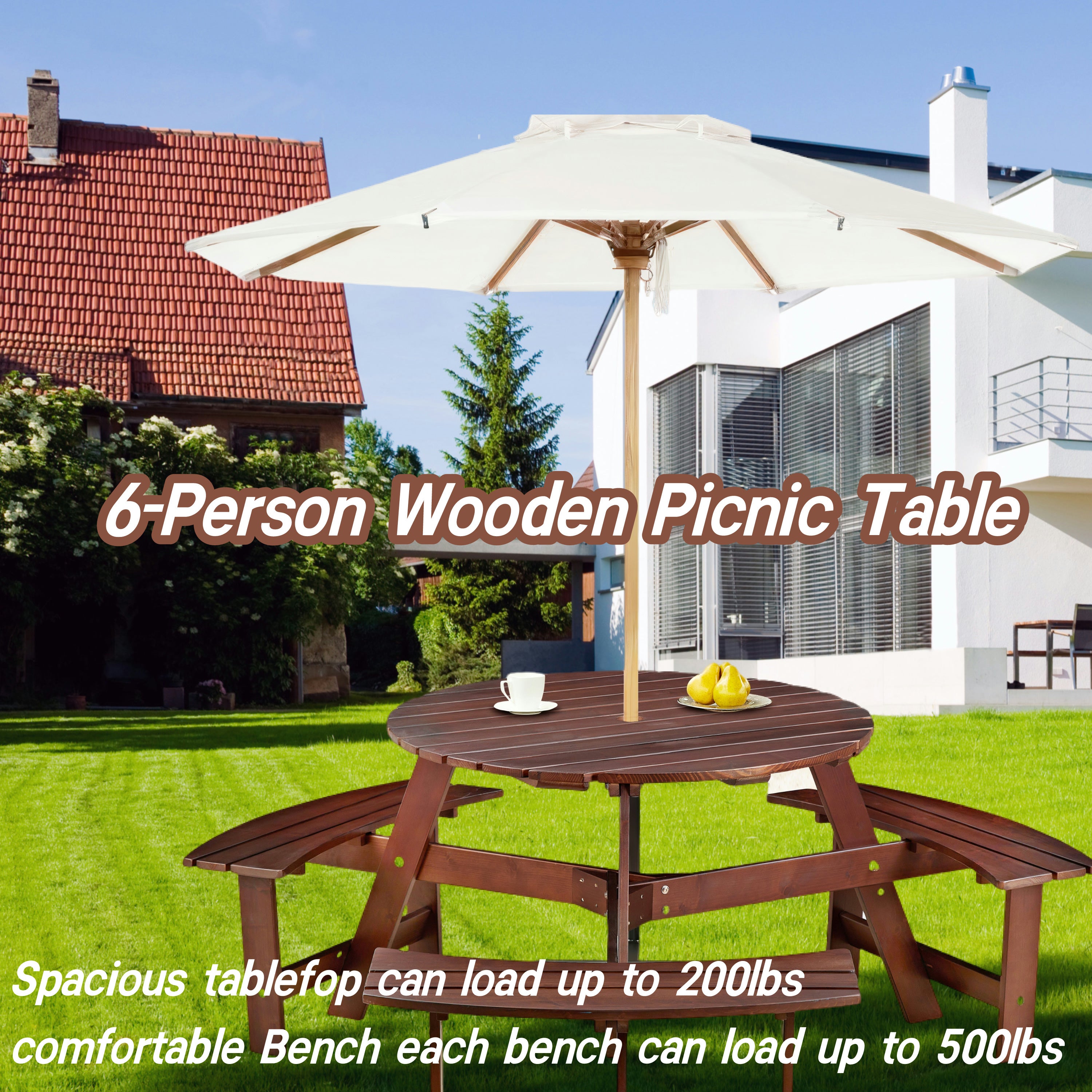 Outdoor 6 Person Picnic Table, 6 person Round Picnic Table with 3 Built-in Benches, Umbrella Hole, Outside Table and Bench Set for Garden, Backyard, Porch, Patio, Brown