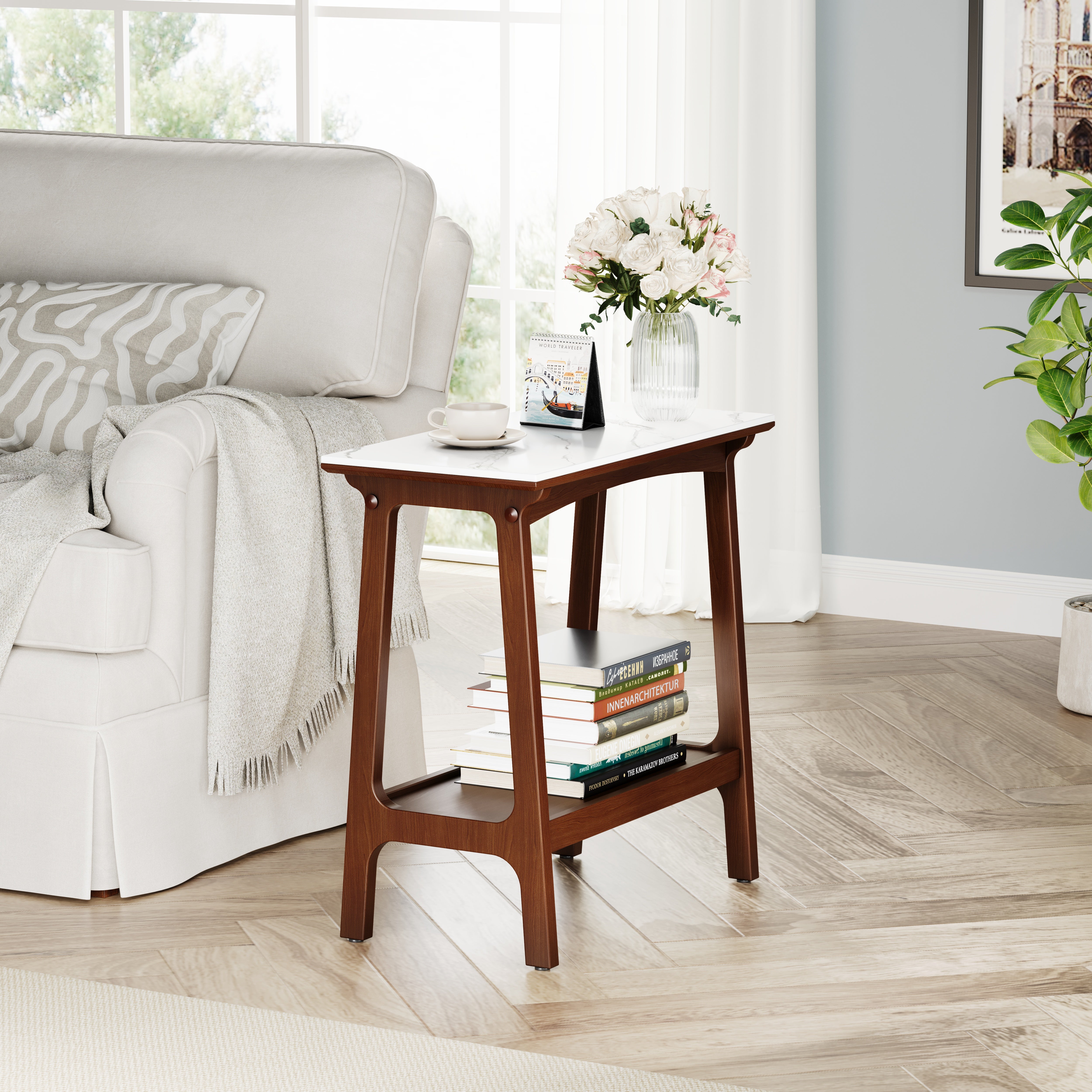 Narrow reddish brown nightstand side table, open storage shelf detail