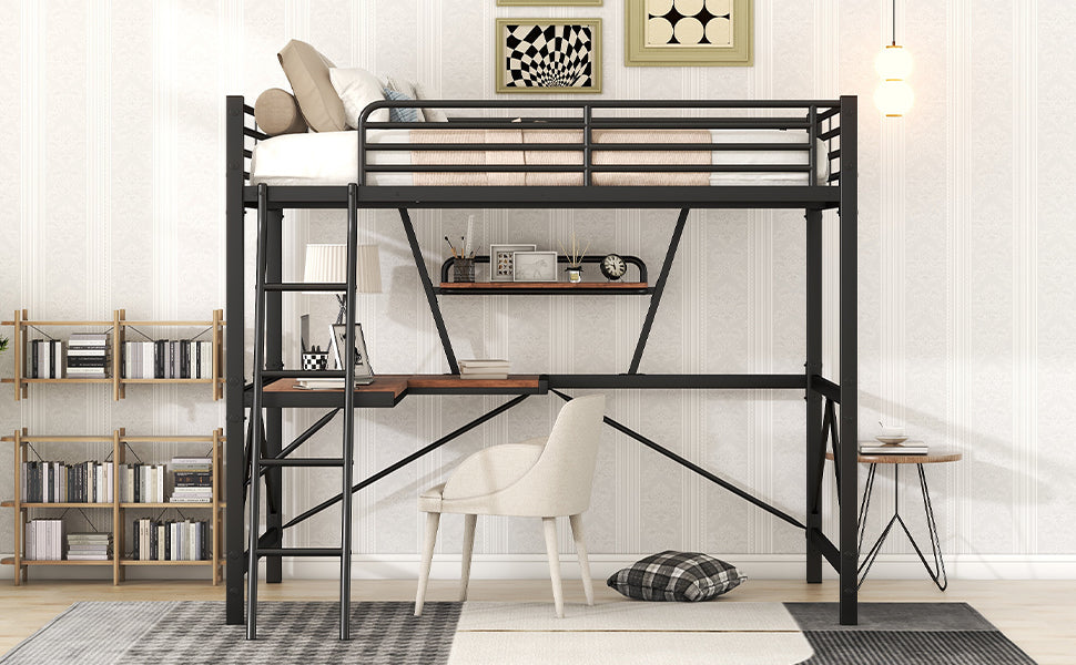 Full Size Loft Metal&MDF Bed with Desk and Shelf, Black