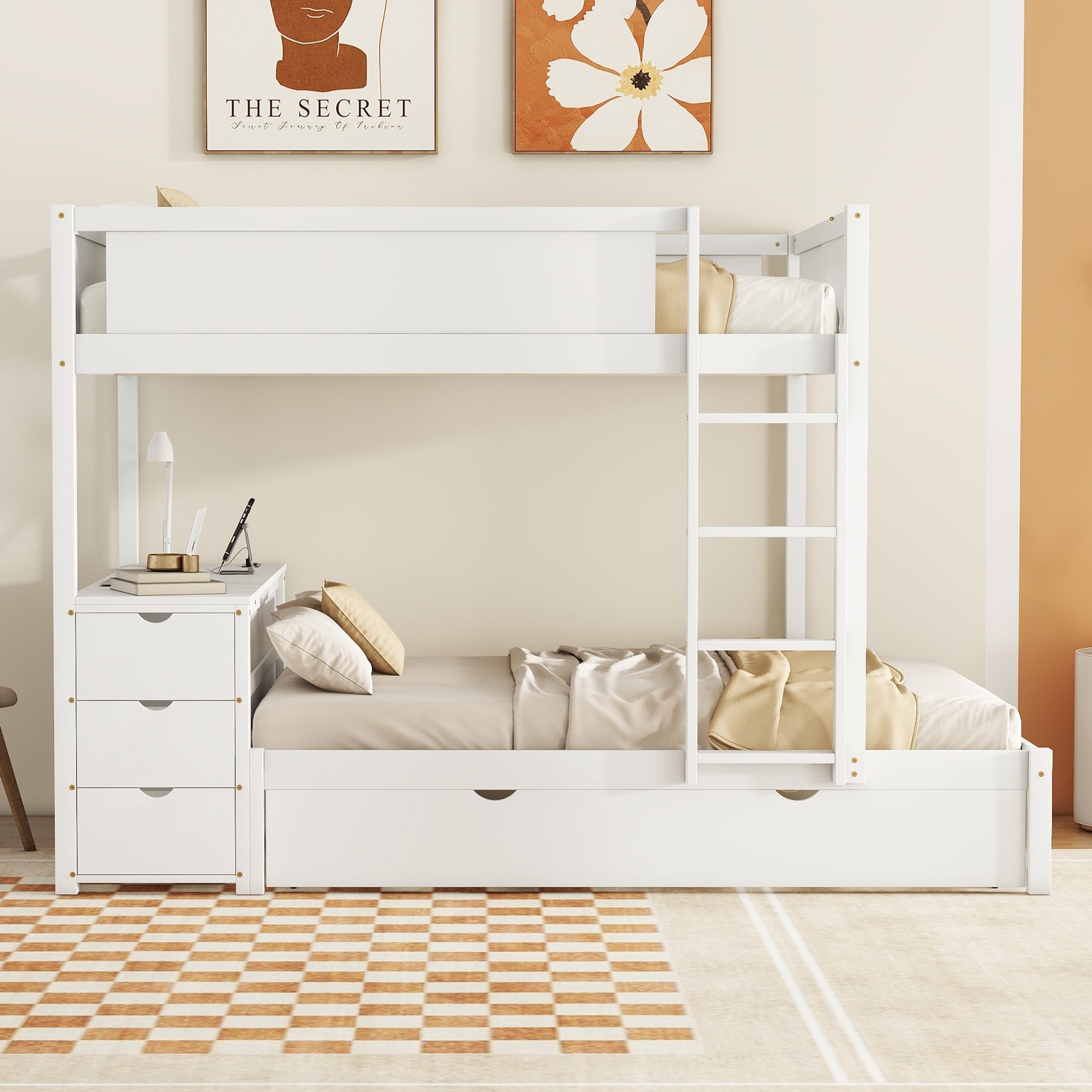 Full-Over-Full Bunk Bed with Twin size Trundle, Storage and Desk, White