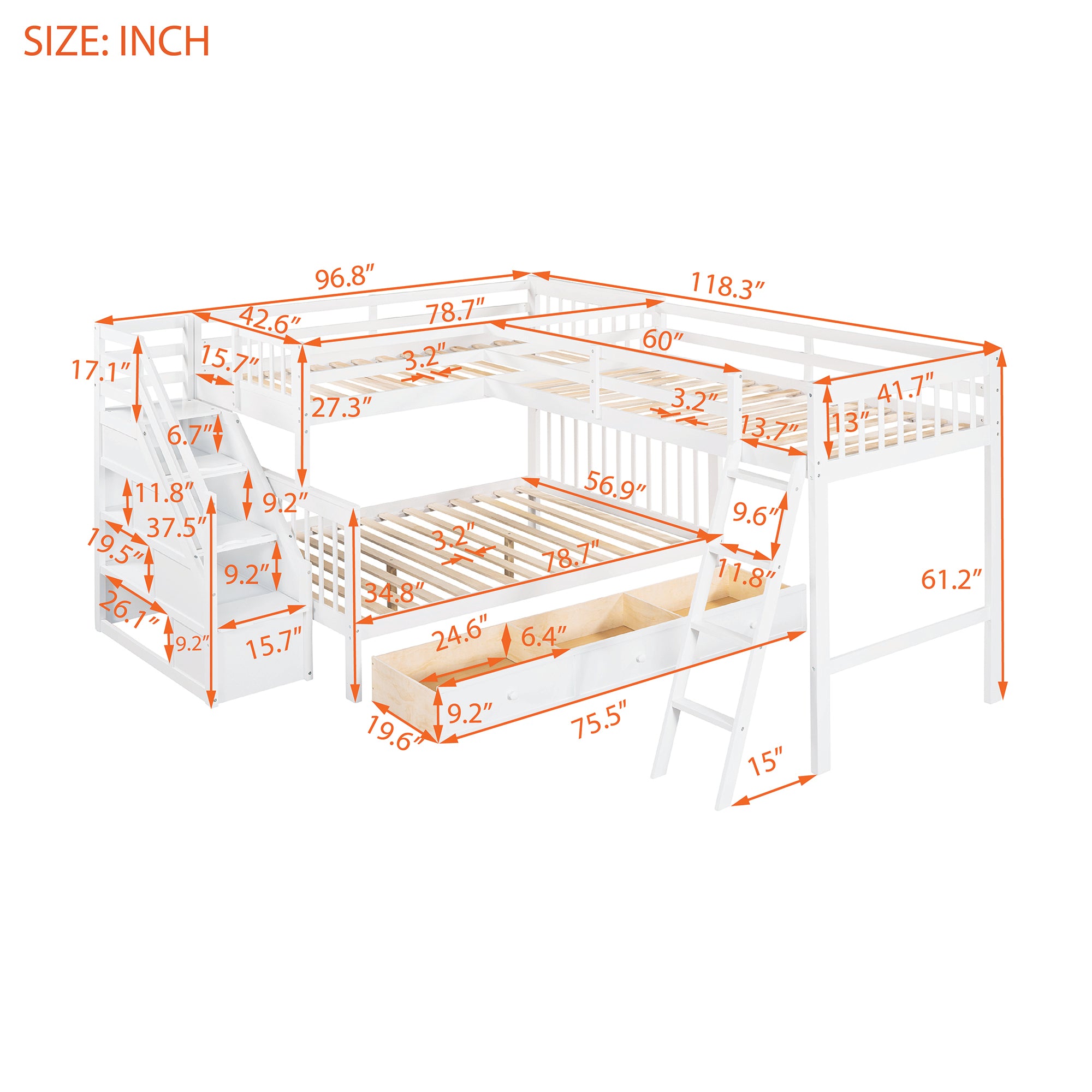 Twin over Full L-Shaped Bunk Bed With 3 Drawers, Ladder and Staircase - White