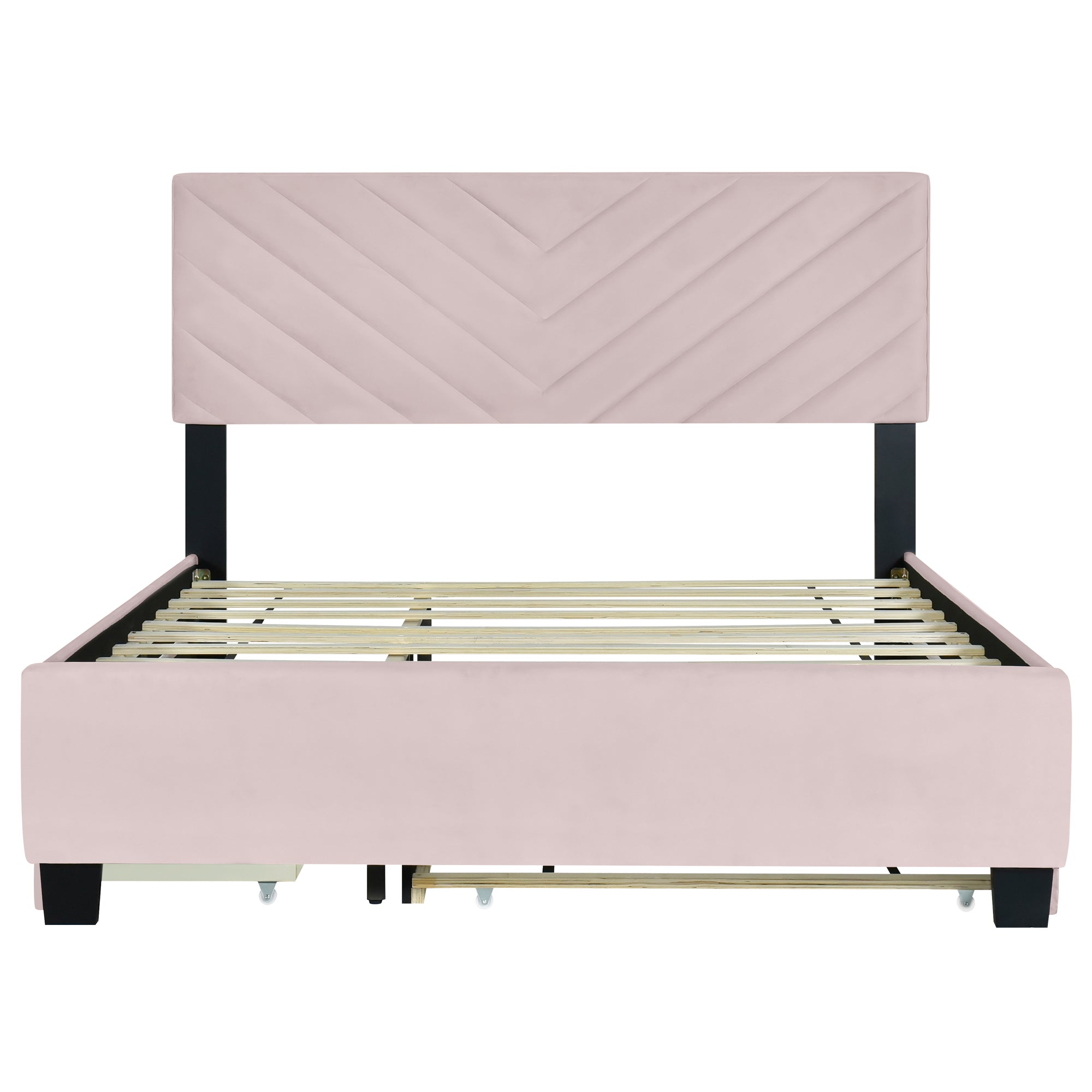 Queen Size Upholstered Platform Bed with Twill Headboard, Pullout Bed and Two Drawers, Flannel,Pink