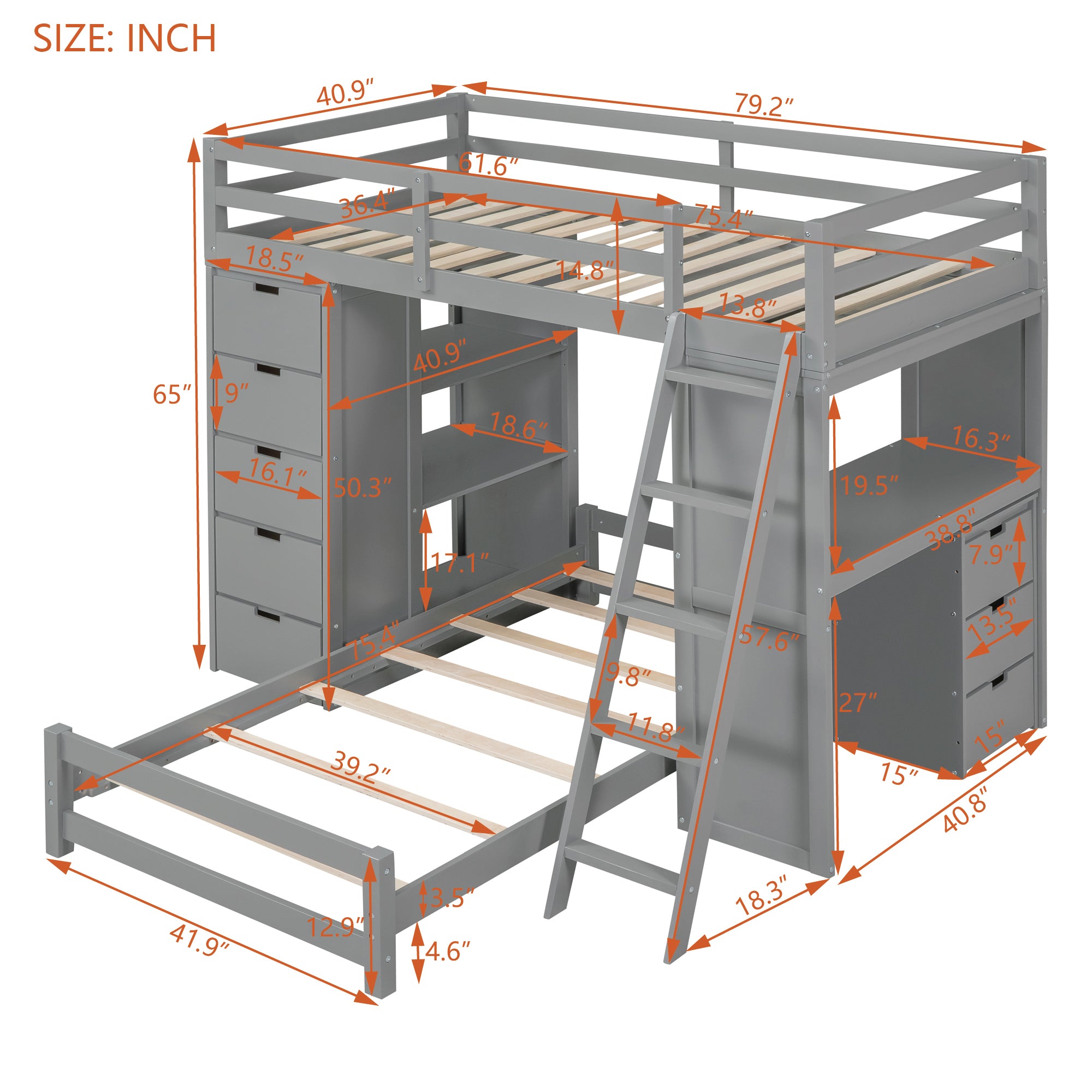 Twin over Twin Bunk Bed with LED Light and USB Ports, Gray