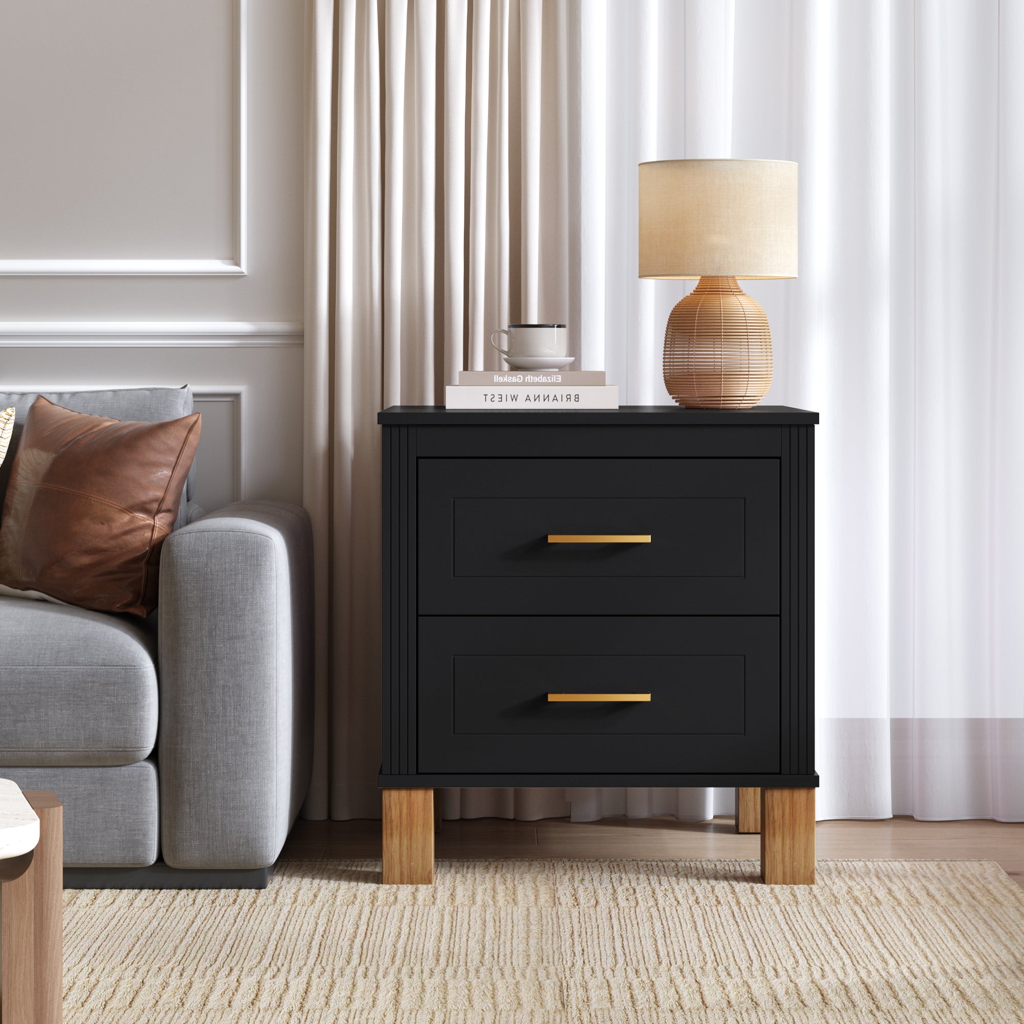 Tall black nightstand with two drawers open, storage view