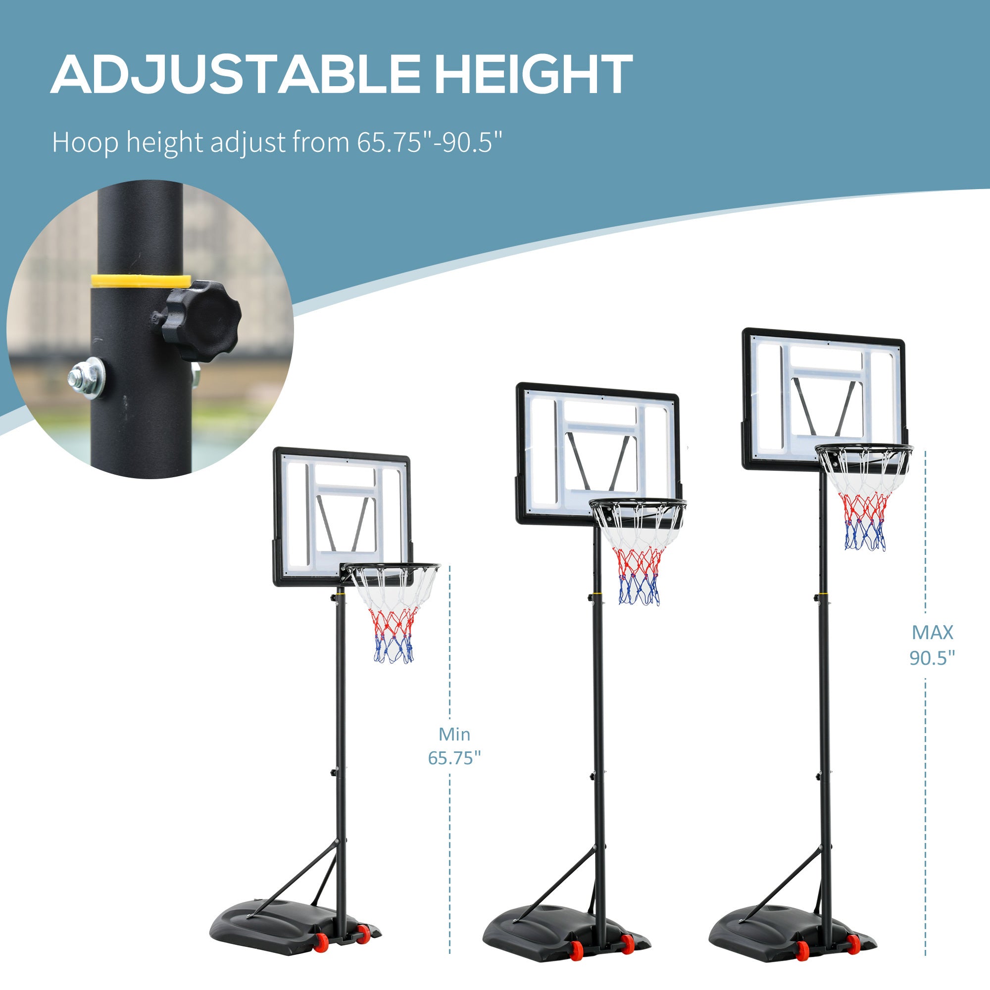 Soozier Basketball Hoop Outdoor, Portable Basketball Goal, 5.5FT-7.5FT Height Adjustable with 33'' Backboard and Wheels for Kids Junior Adults Use