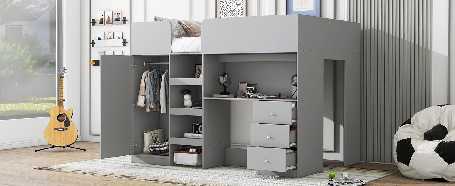 Wood Full Size Loft Bed with Built-in Wardrobe, Desk, Storage Shelves and Drawers, Grey