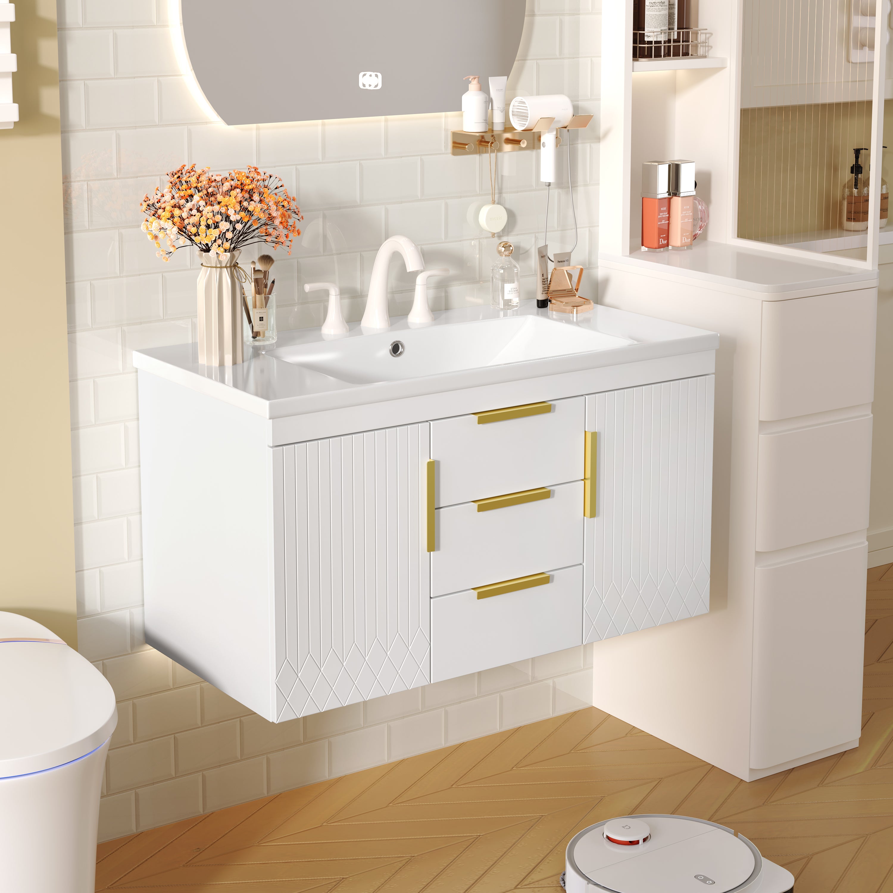 36'' Wall Mounted Bathroom Vanity with Resin Sink, Floating Bathroom Storage Cabinet with 2 Drawers, Solid Wood Bathroom Cabinet