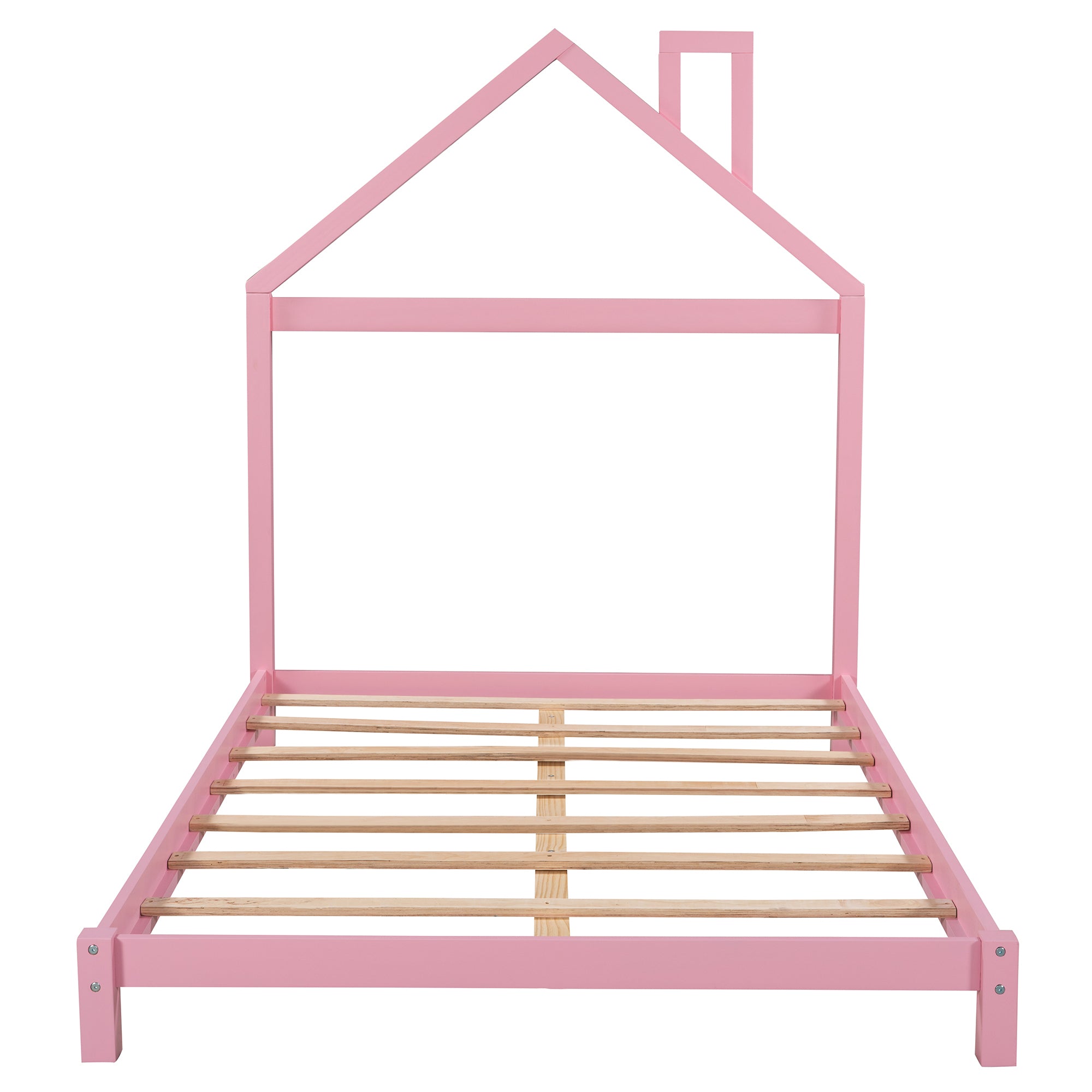 Full Size Wood Platform Bed with House-shaped Headboard  (Pink)