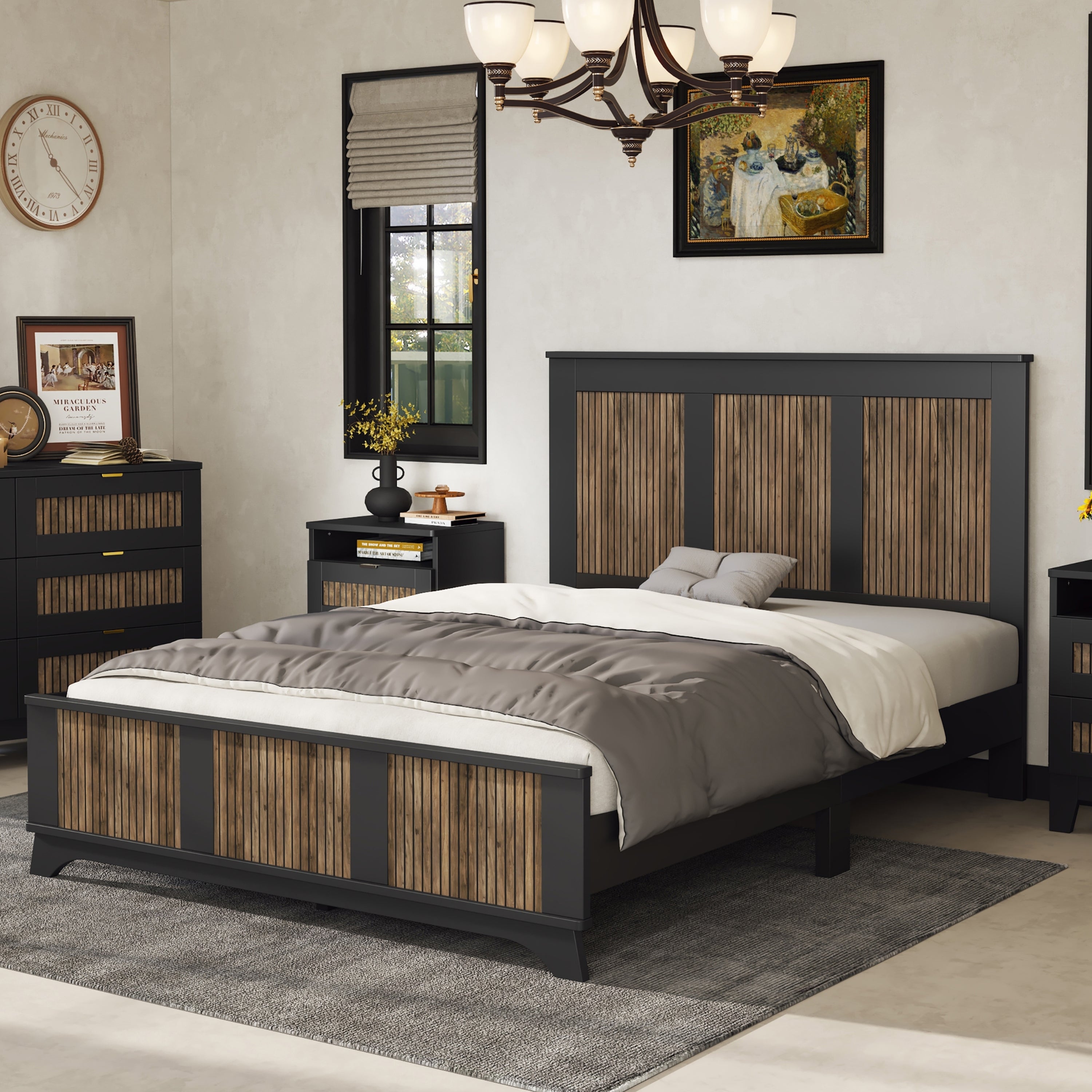 Farmhouse Wooden Platform Queen Size Bed, Modern Platform Bed with Wooden Strip Decoration, Plywood Slats Support, Black