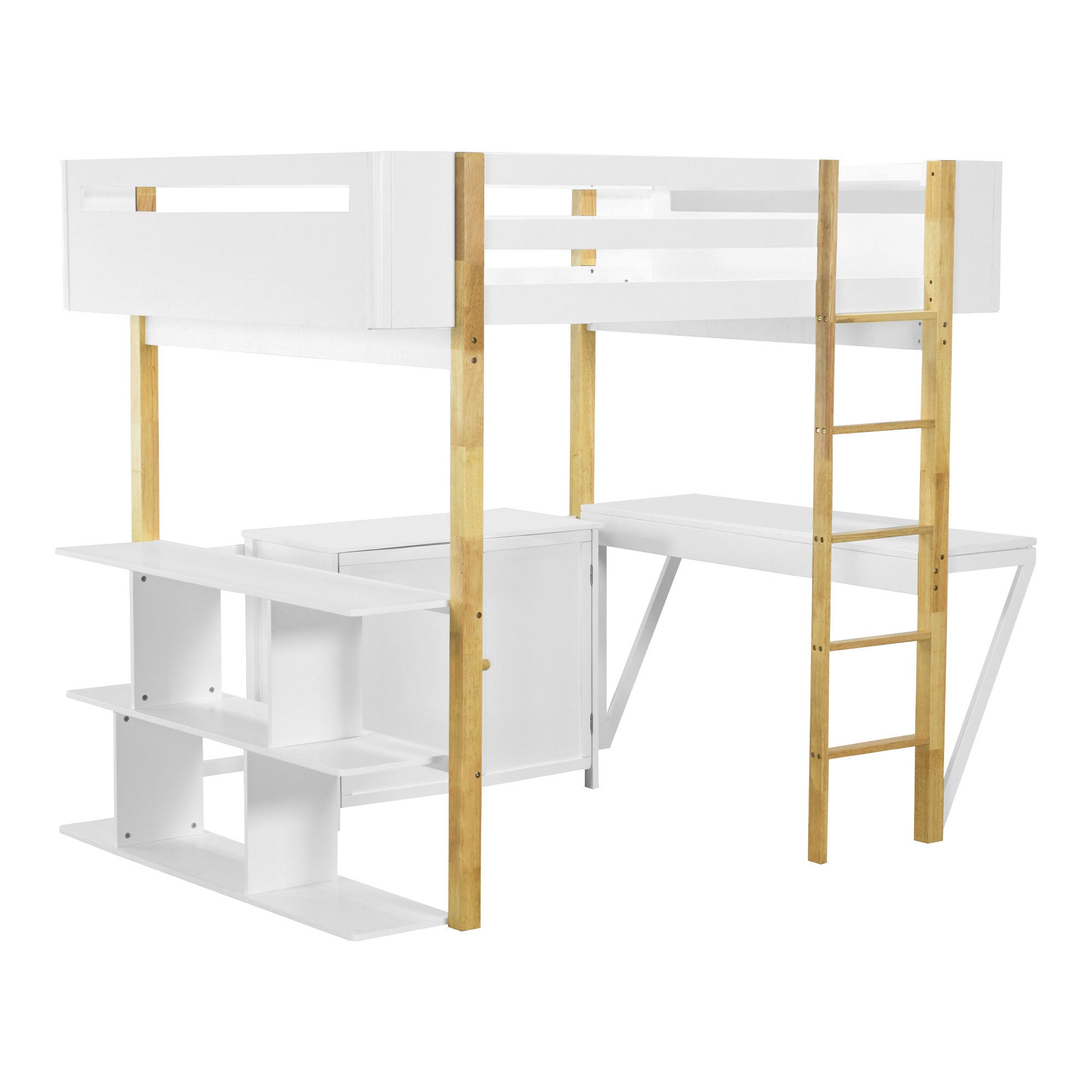 Full Size Wood Loft Bed With Built-in Storage Cabinet and Cubes, Foldable desk, White