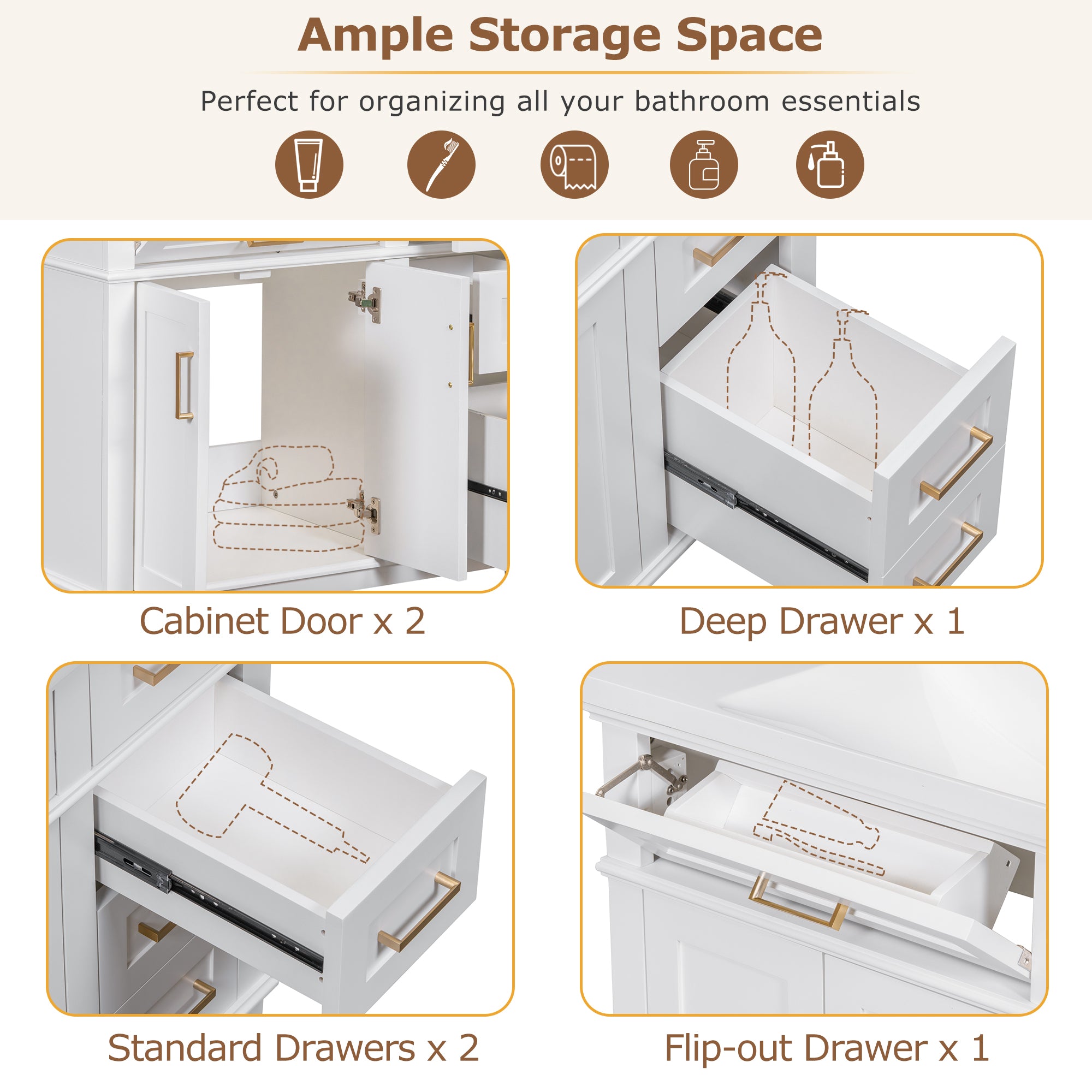 36-inch Bathroom Vanity with Resin Sink, Modern Bathroom Cabinet in White,Featuring Two Soft Close Doors and Four Drawers