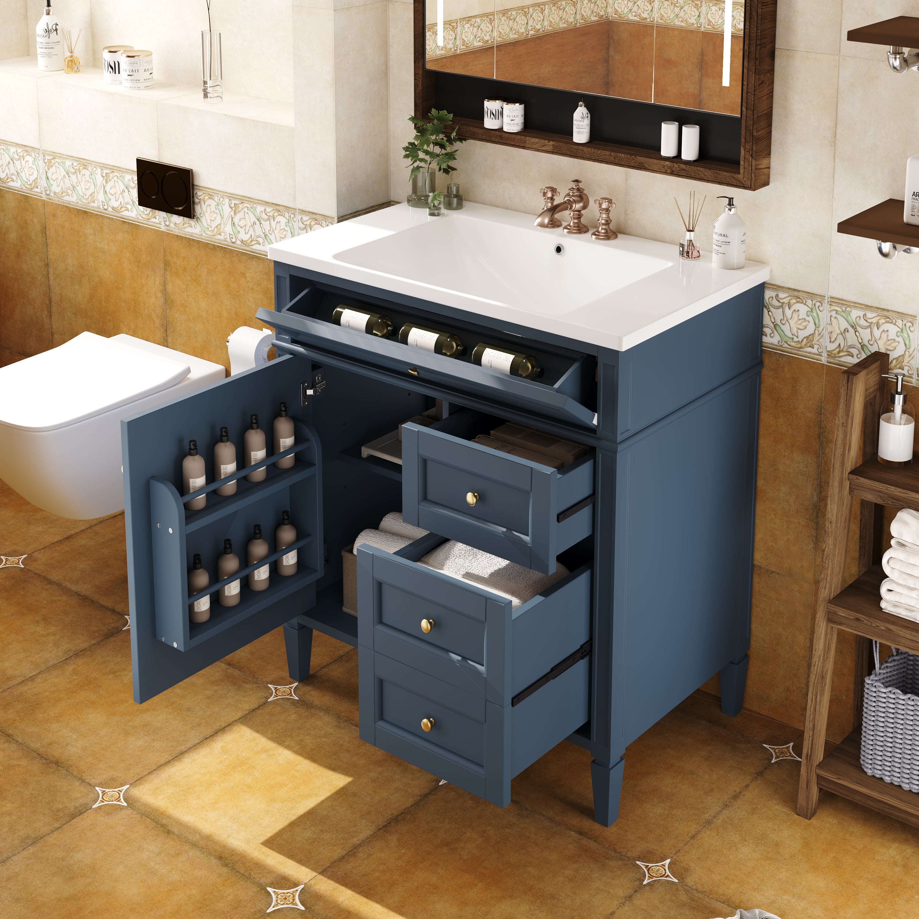 30'' Bathroom Vanity with Top Sink, Modern Bathroom Storage Cabinet with 2 Drawers and a Tip-out Drawer, Single Sink Bathroom Vanity