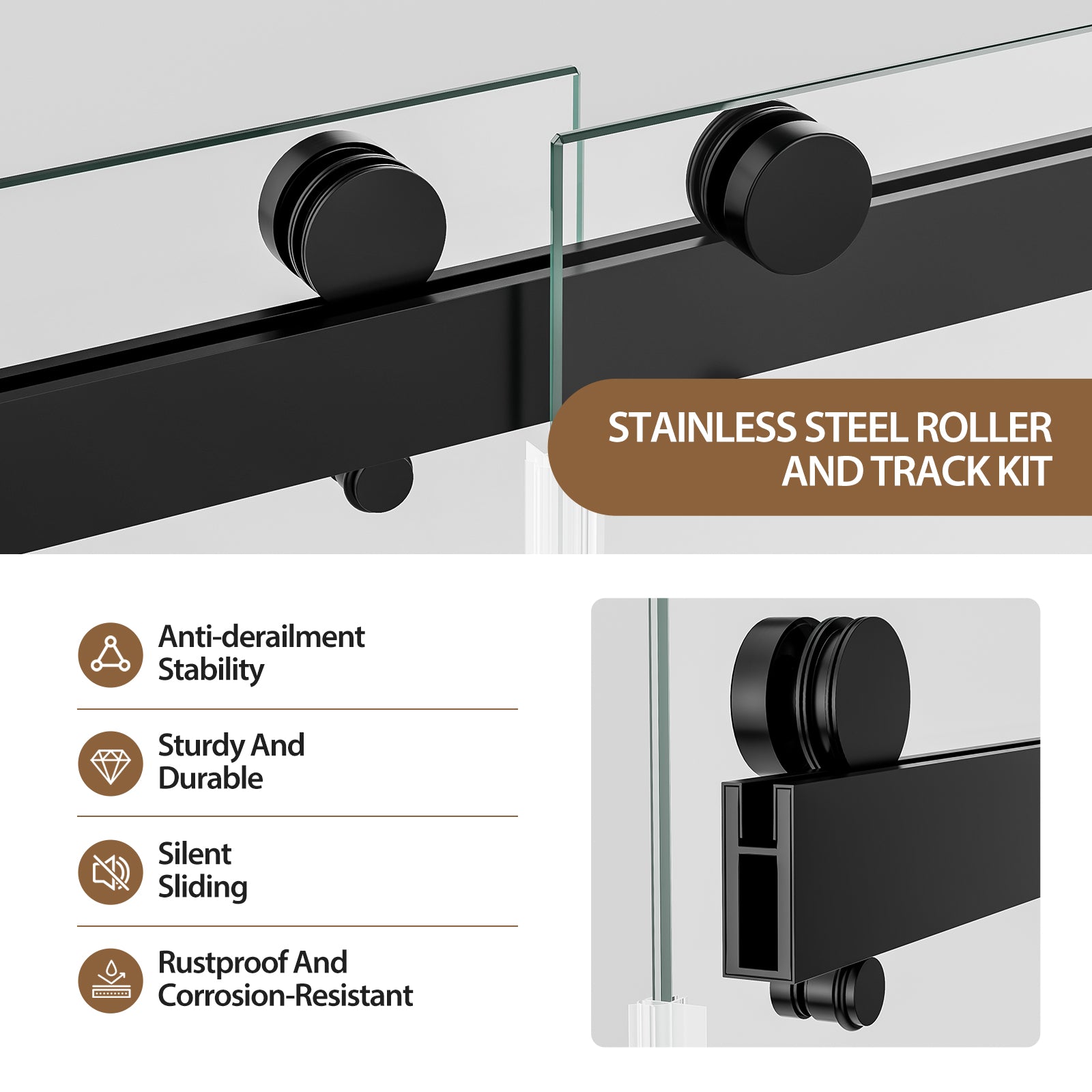 Frameless sliding shower door matte black hardware detail