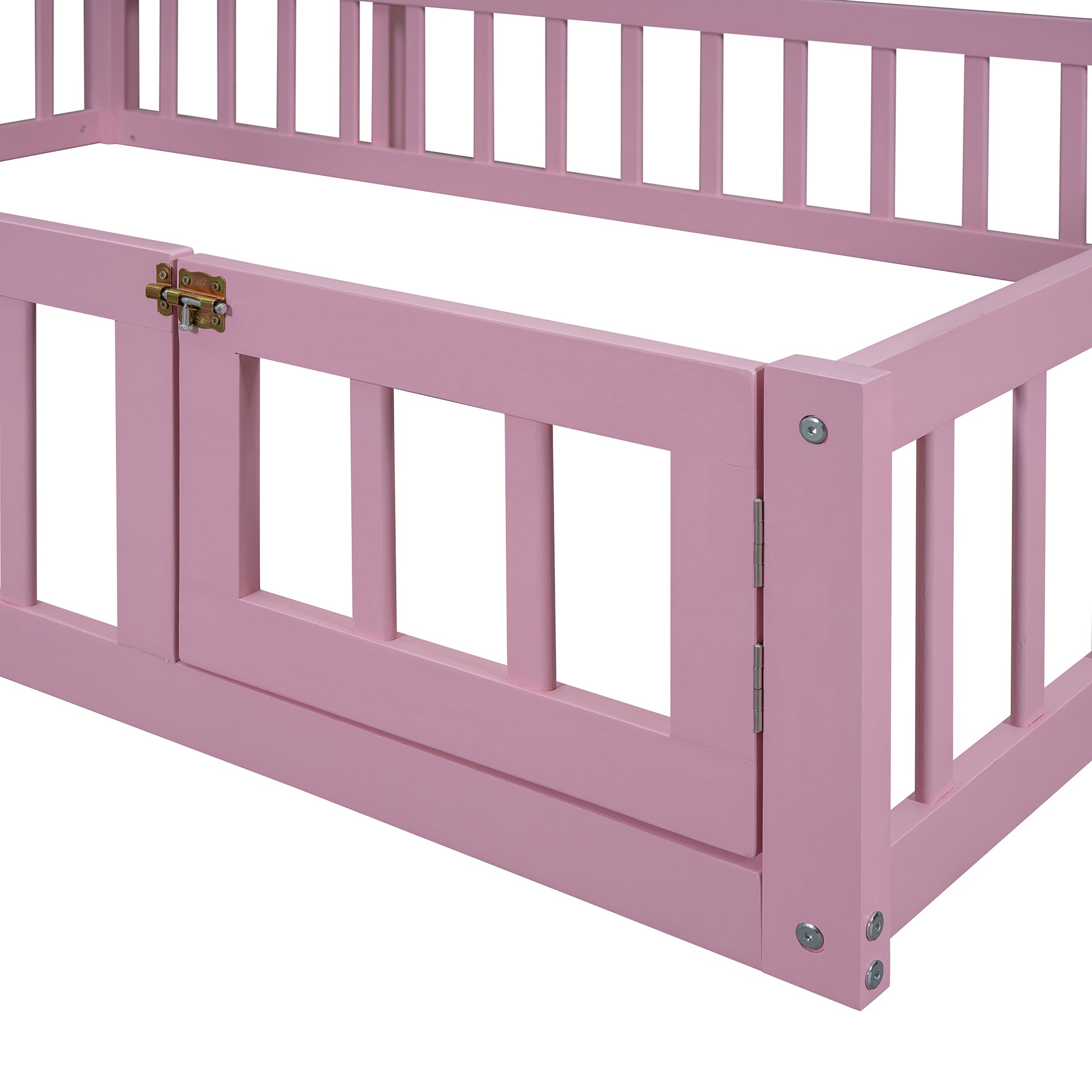 Wooden Floor Bed with Fence Railings and Detachable House Shape Headboard,Full Size Bed with Kids Dress Up Rack, Kids Montessori Style Playhouse Frame for Girls Boys, Pink